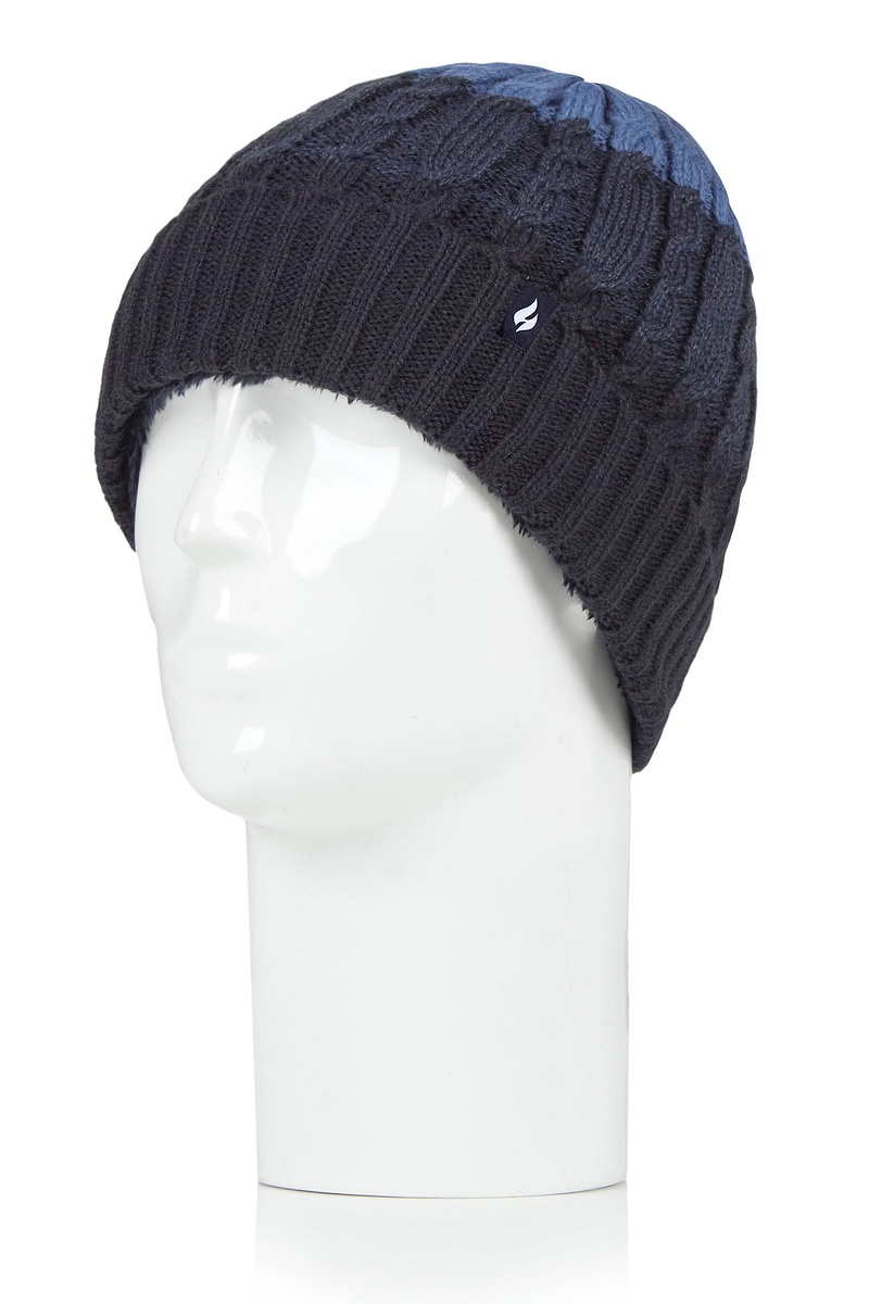 Heat Holders Mens Mavis Three-Tone Cable Knit Roll Up Hat Navy/Denim - Head