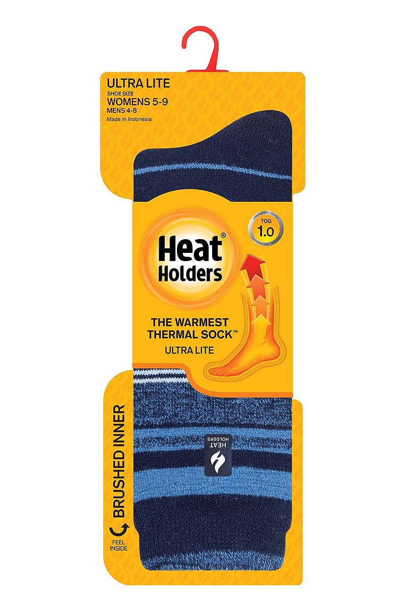 Heat Holders Women's Heather Ultra Lite Stripe Thermal Crew Sock Navy - Packaging