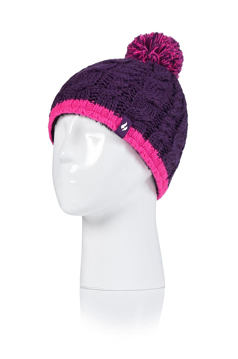 Heat Holders Girls Knitted Thermal Pom Pom Hat Plum Purple/Bright Pink