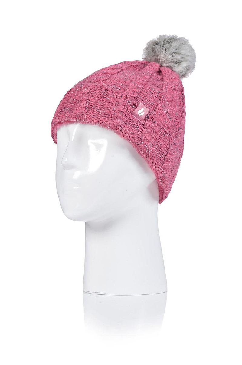 Heat Holders Girls Roll Up Thermal Pom Pom Hat Coral/Light Grey