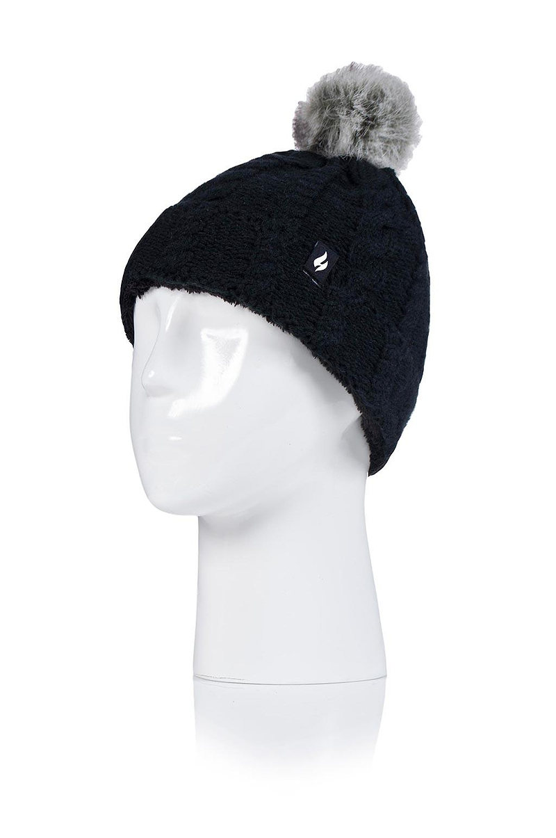 Heat Holders Girls Roll Up Thermal Pom Pom Hat Black