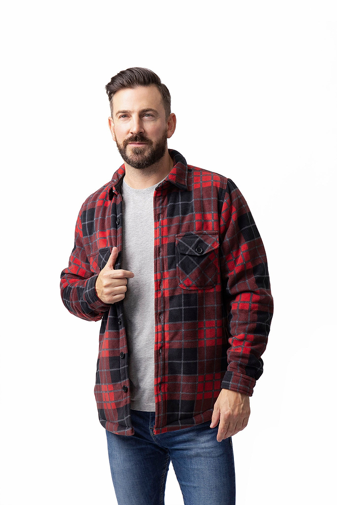 Heat Holders Mens Jax Long Sleeve Plaid Shirt Jacket Crimson/Black - Model