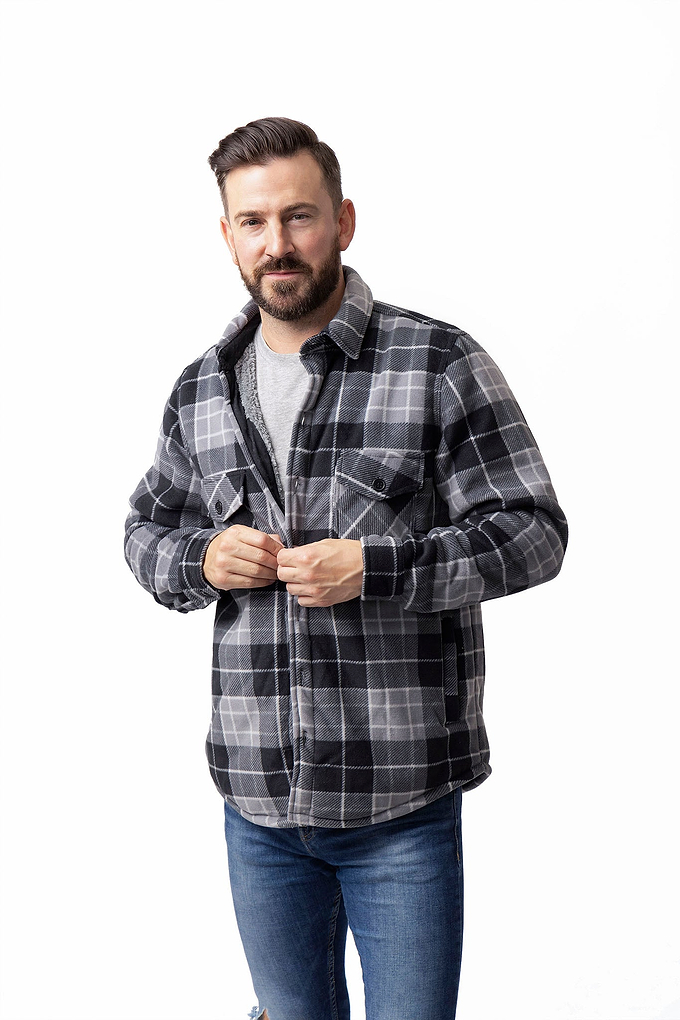 Heat Holders Mens Jax Long Sleeve Plaid Shirt Jacket Grey/Black - Model