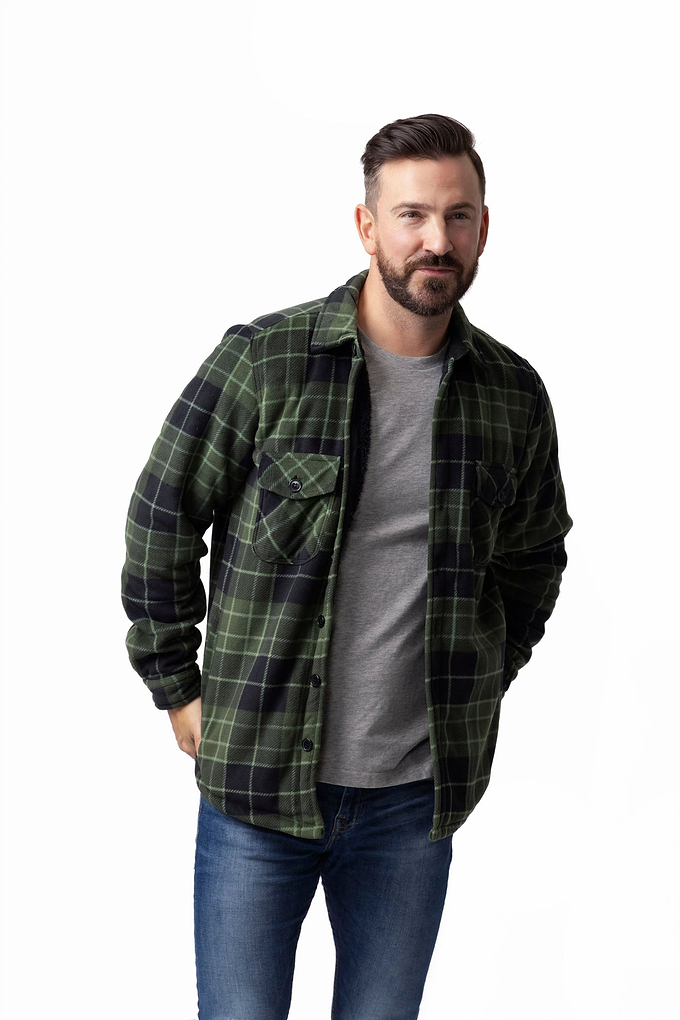 Heat Holders Mens Jax Long Sleeve Plaid Shirt Jacket Hunter/Black - Model