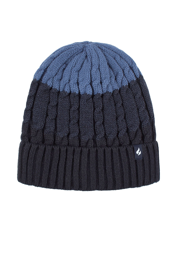 Heat Holders Mens Mavis Three-Tone Cable Knit Roll Up Hat Navy/Denim - Flat