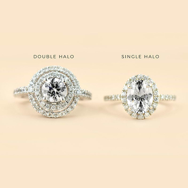 Anatomy of a Ring showing two rings: one with a double halo of accented diamonds and another with a single halo