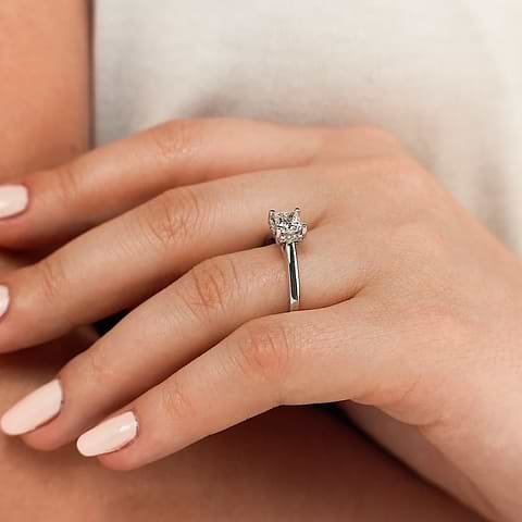 Shown with 1ct Princess Cut Lab Grown Diamond in 14k White Gold|Beautiful conflict free hidden halo engagement ring with 1ct princess cut lab grown diamond in 14k white gold band shown worn on hand