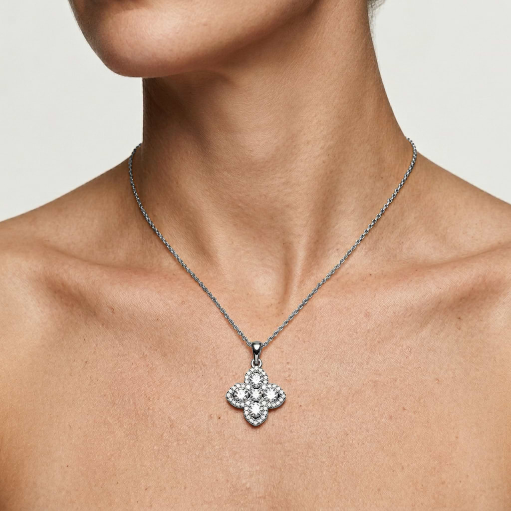 3/4 ctw Round Lab Grown Diamond Clover Pendant - 18 Inches - MiaDonna