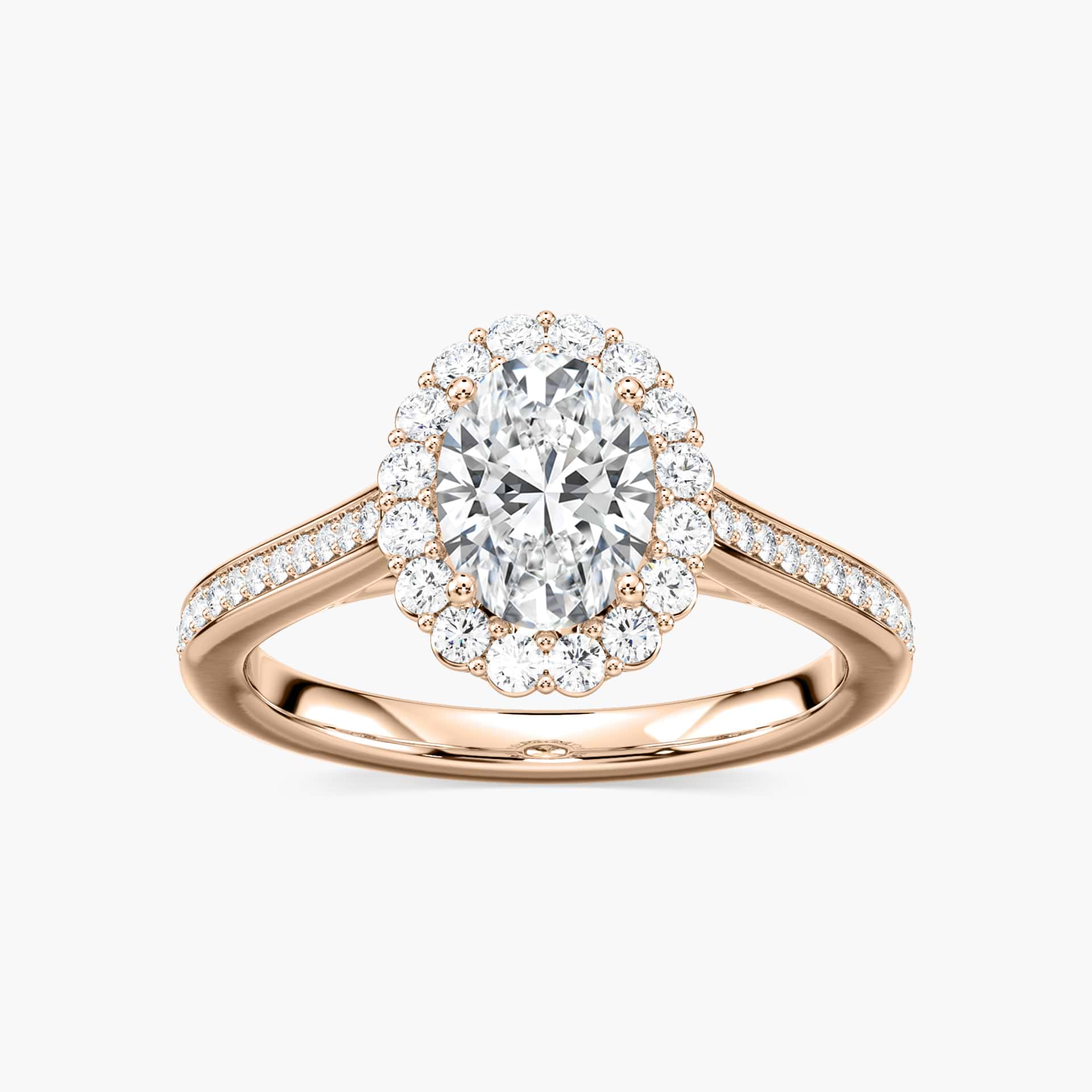 Shown with 1ct Oval Cut Lab Grown Diamond in 14k White Gold|Diamond accented halo engagement ring with 1ct oval cut lab created diamond in 14k white gold setting