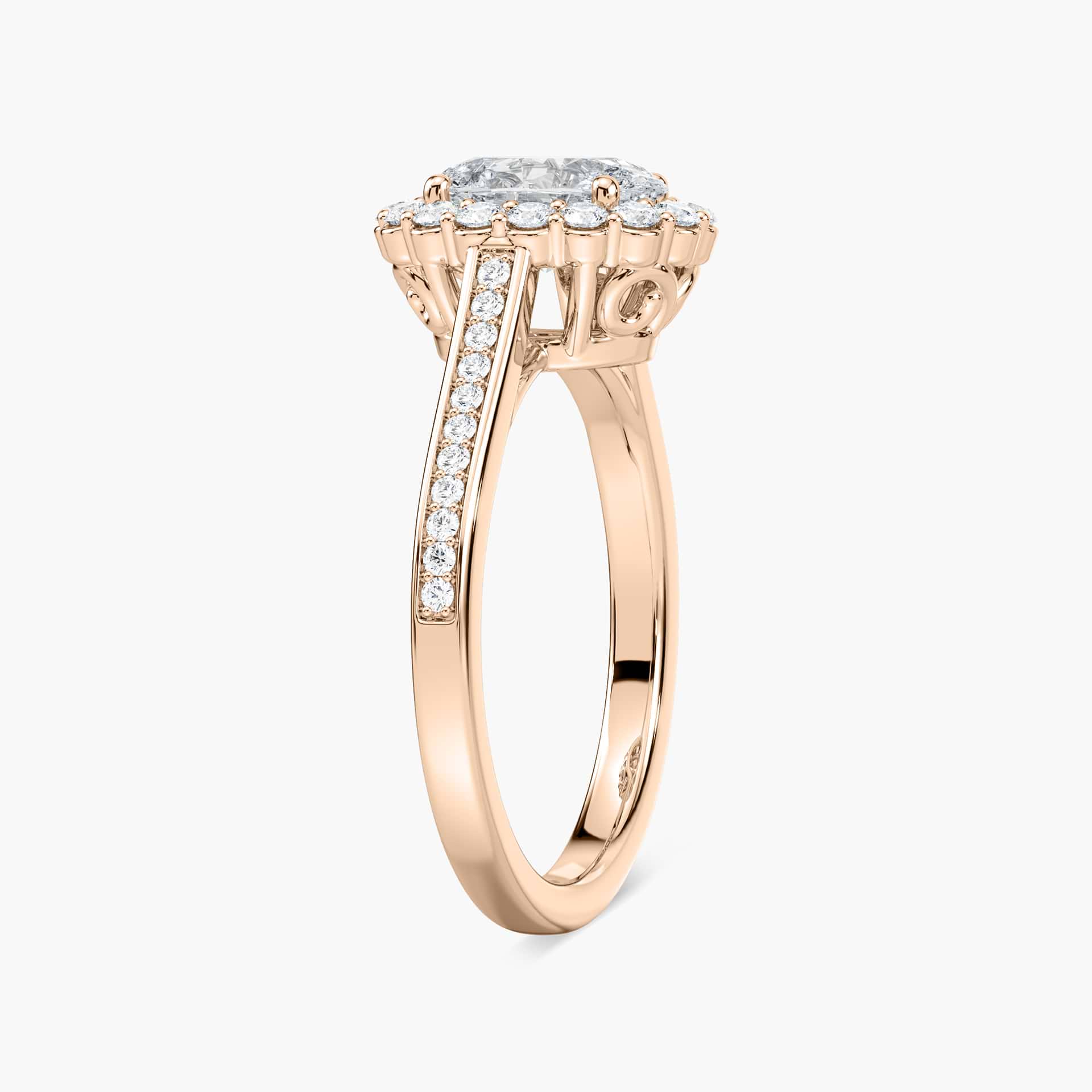 Shown with 1ct Oval Cut Lab Grown Diamond in 14k White Gold|Diamond accented halo engagement ring with 1ct oval cut lab created diamond in 14k white gold setting