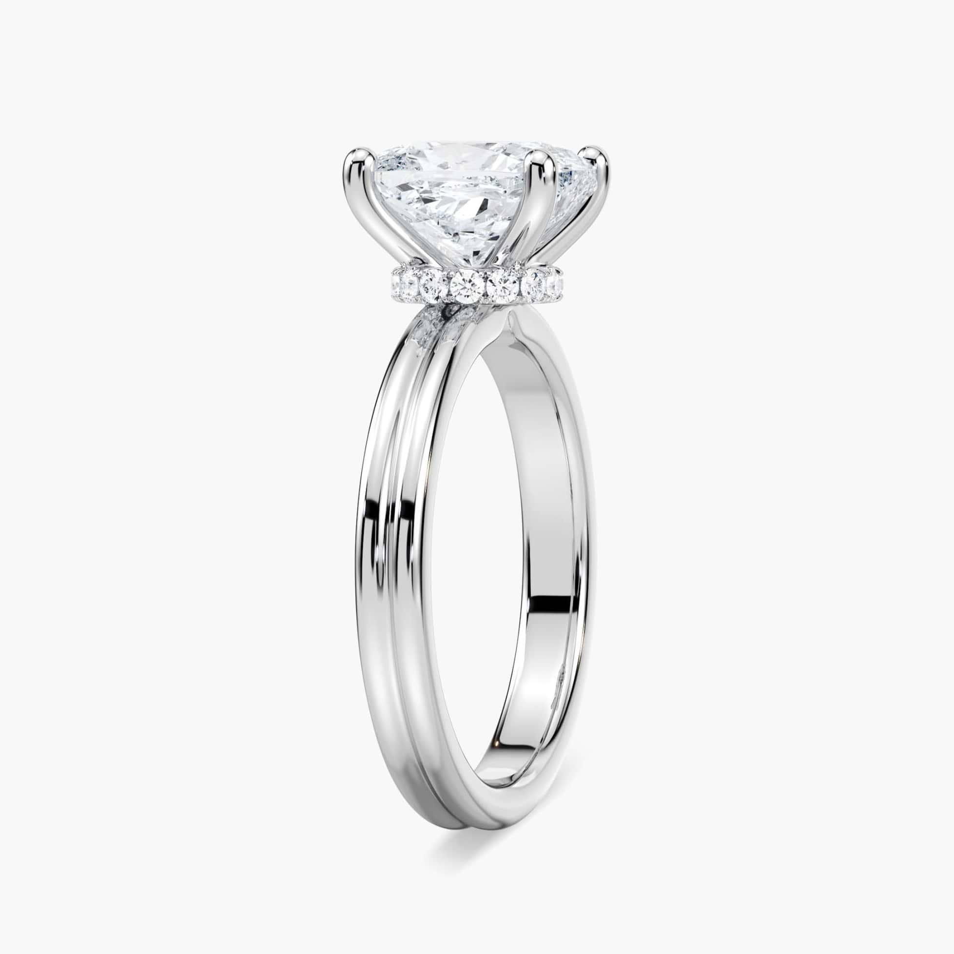 Shown with 1.5ct Oval Cut Lab Grown Diamond in 14k Yellow Gold|Beautiful hidden halo engagement ring with 1.5ct oval cut lab grown diamond in 14k yellow gold