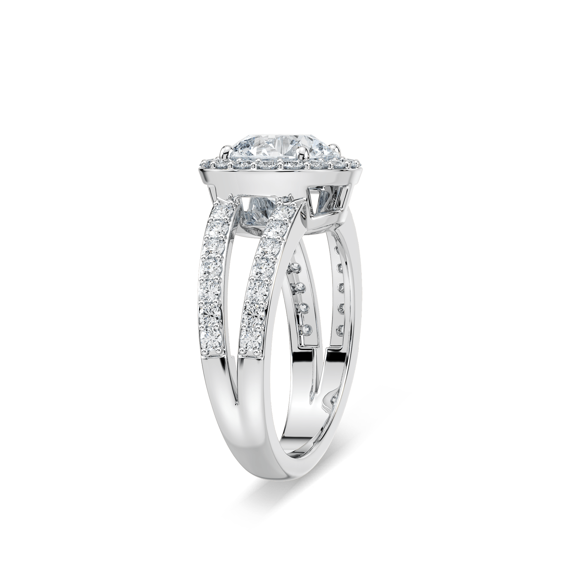 Shown with 2.89ct Oval Cut Lab Grown Diamond set in 18k Yellow Gold|Celebrity inspired diamond accented halo engagement ring with 2.89ct oval cut lab grown diamond center stone set in 18k yellow gold