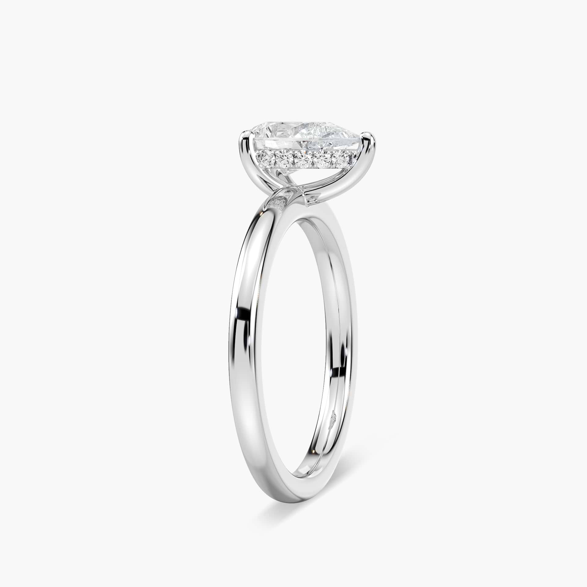 Shown with 1ct Pear Cut Lab Grown Diamond in 14k White Gold|Hidden halo engagement ring with 1ct pear cut lab grown diamond in 14k white gold band