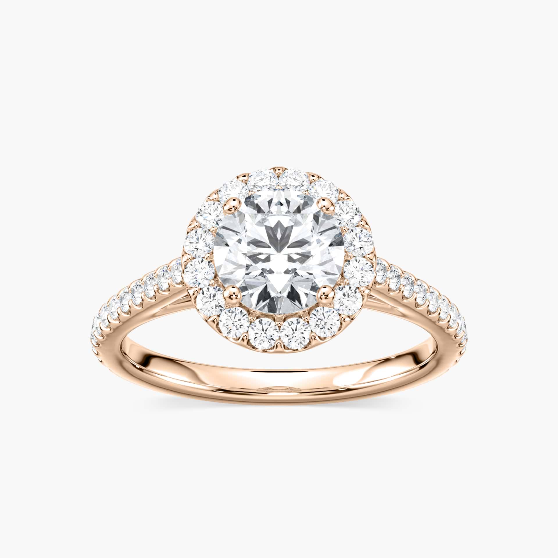 Shown with 1ct Round Cut Lab Grown Diamond in 14k White Gold|Elegant diamond accented halo engagement ring with 1ct round cut lab grown diamond in 14k white gold