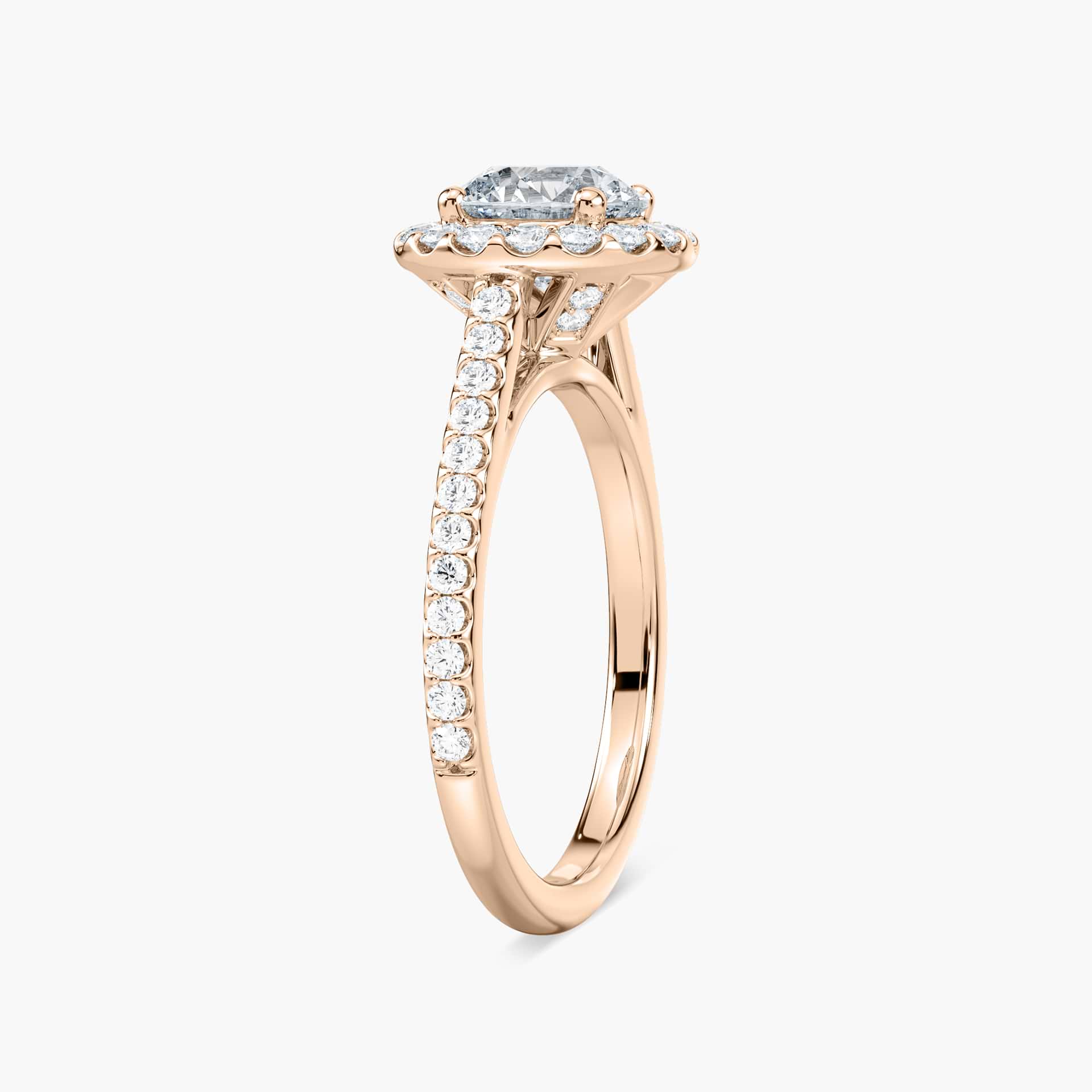 Shown with 1ct Round Cut Lab Grown Diamond in 14k White Gold|Elegant diamond accented halo engagement ring with 1ct round cut lab grown diamond in 14k white gold
