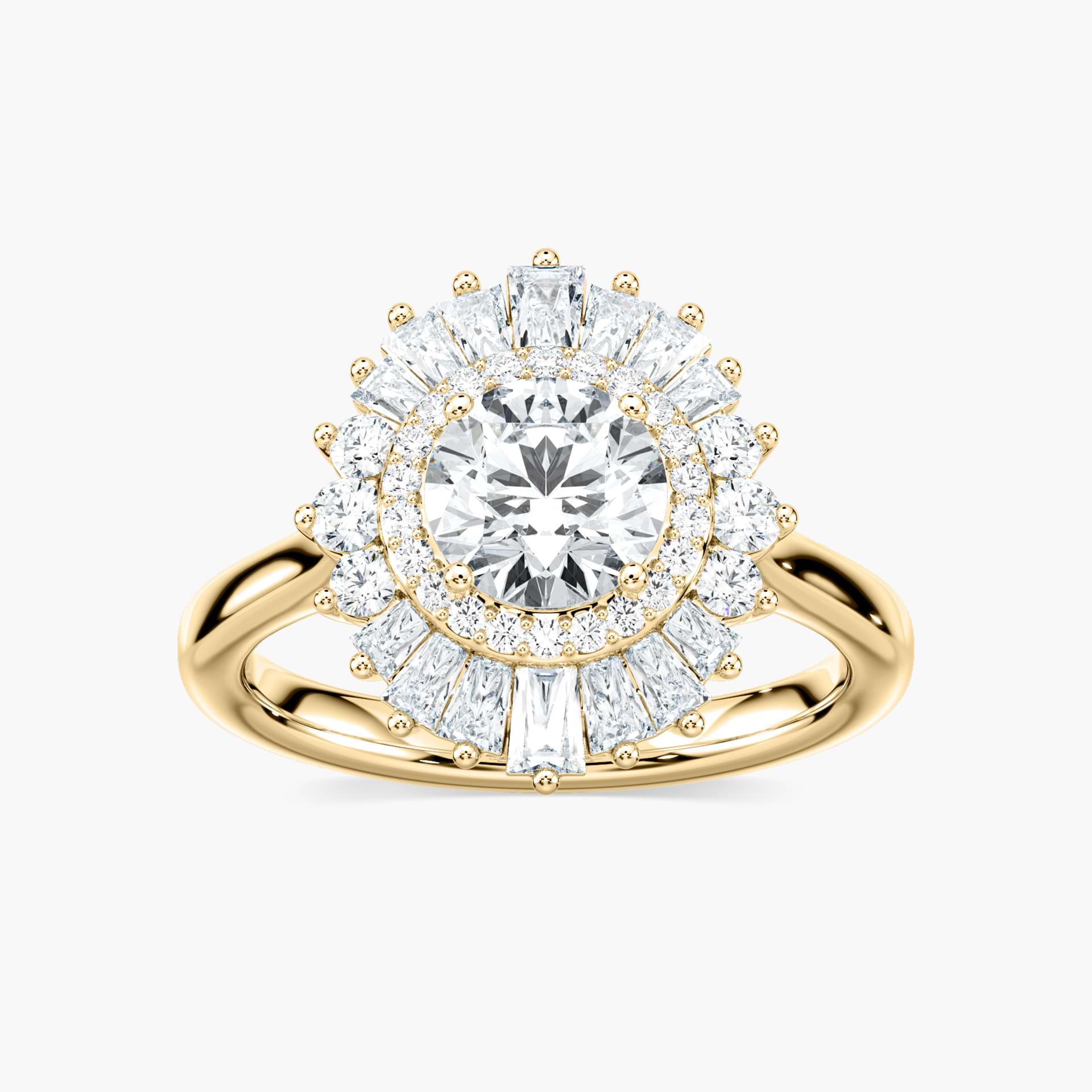 Shown with 1ct Round Cut Lab Grown Blue Sapphire|Unique stunning vintage style diamond halo engagement ring with baguette cut diamonds surrounding a 1ct round cut lab grown blue sapphire in 14k white gold