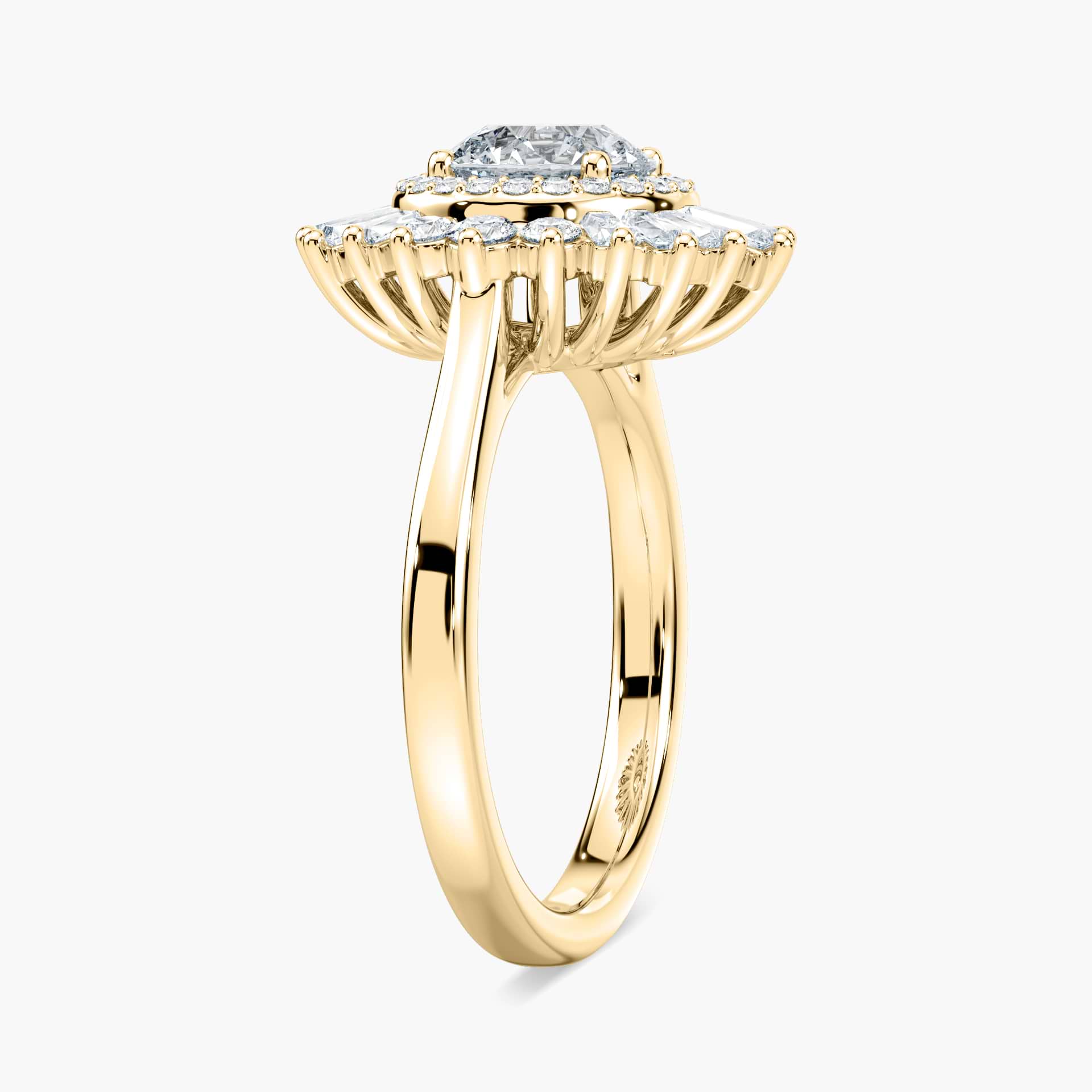 Shown with 1ct Round Cut Lab Grown Blue Sapphire|Unique stunning vintage style diamond halo engagement ring with baguette cut diamonds surrounding a 1ct round cut lab grown blue sapphire in 14k white gold