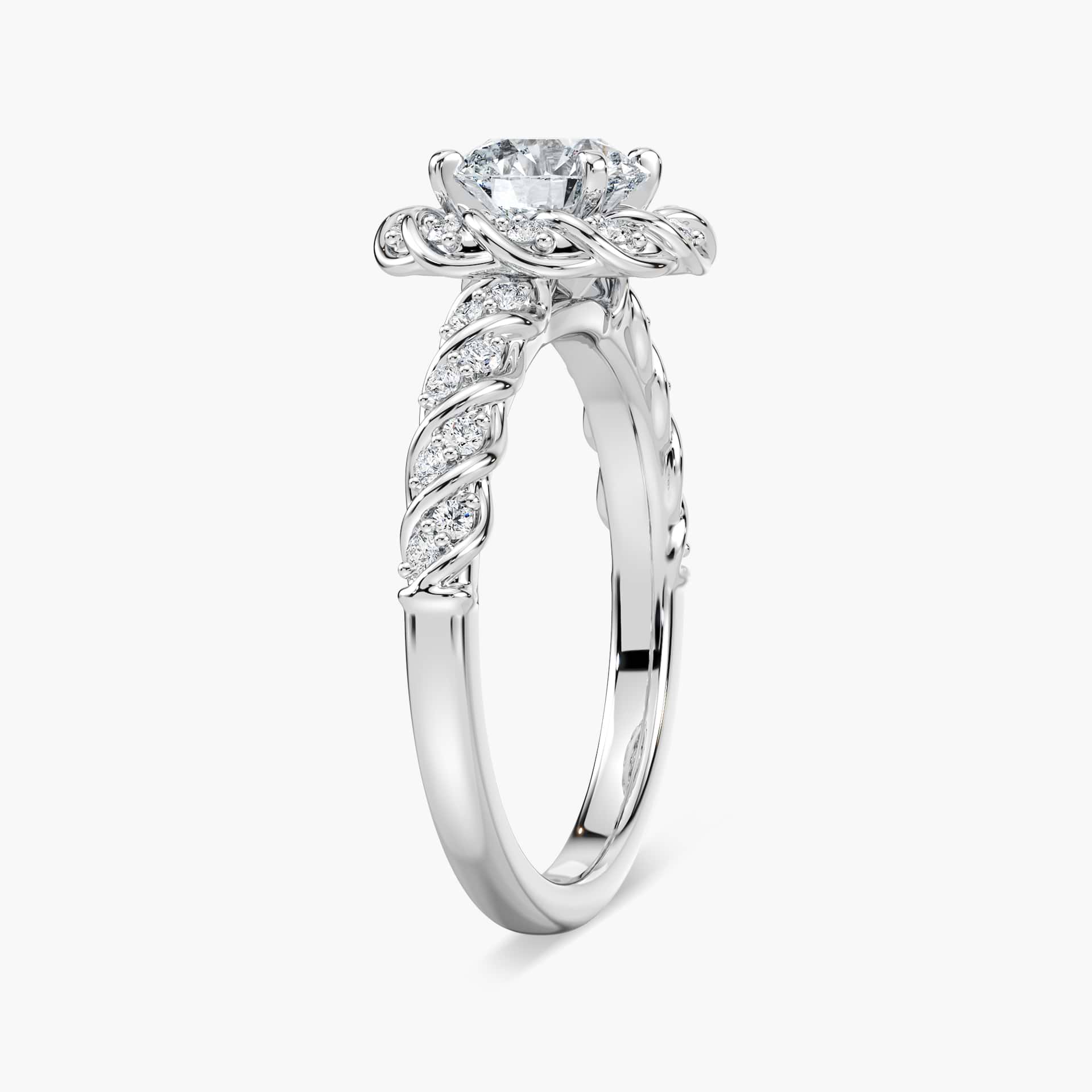 Shown with 1ct Round Cut Lab Grown Diamond in 14k White Gold|Unique twisted diamond halo engagement ring with a 1ct round cut lab grown diamond in a braided design 14k white gold metal band