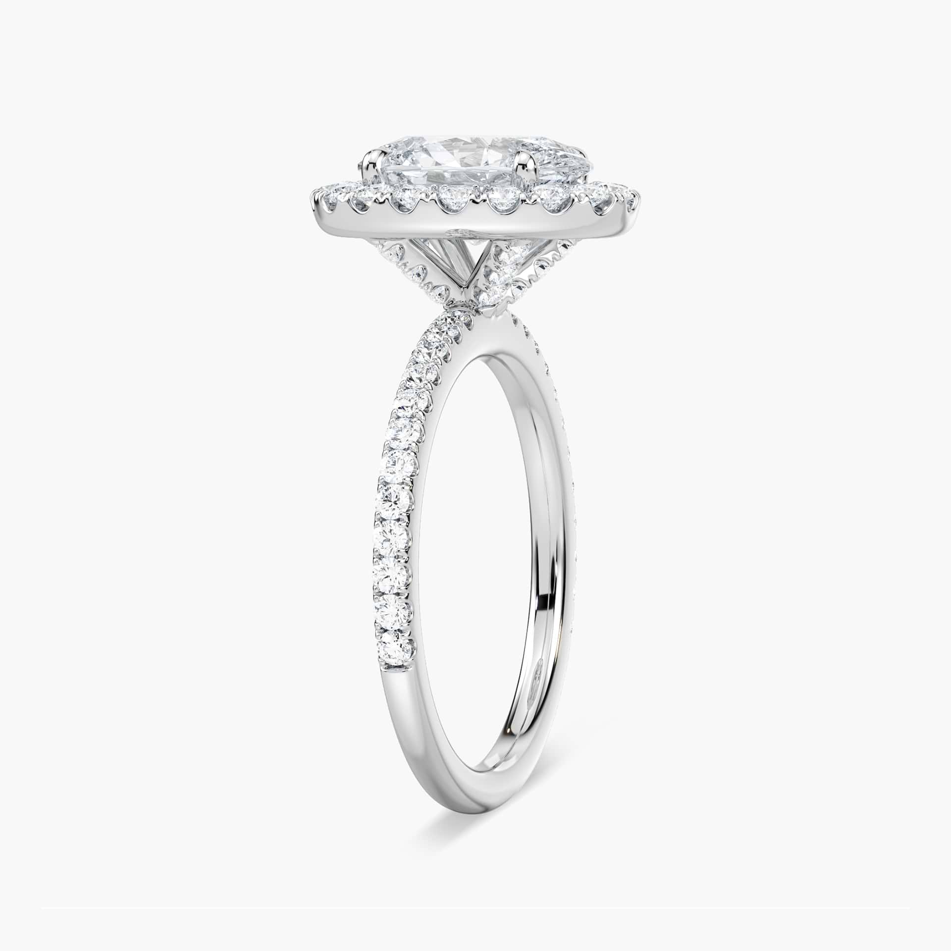 Shown with 1ct Oval Cut Lab Grown Diamond in Platinum|Dream diamond halo engagement ring with diamond accents and a 1ct oval cut lab grown diamond in platinum