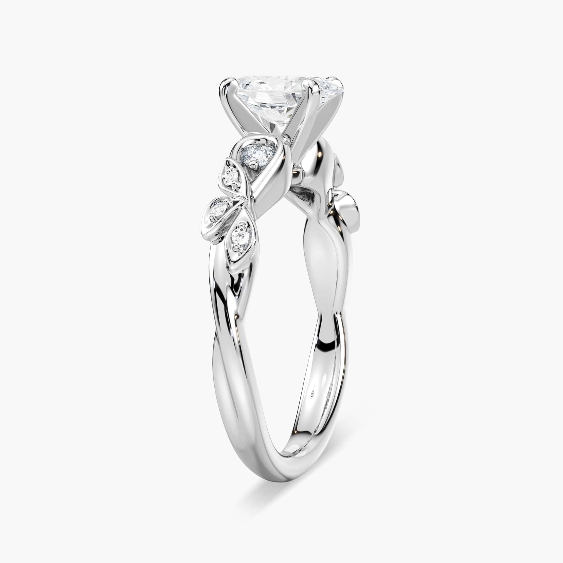 Shown with 1ct Round Cut Lab Grown Diamond in 14k White Gold|Nature inspired engagement ring with diamond accenting and a 1ct round cut lab grown diamond in 14k white gold