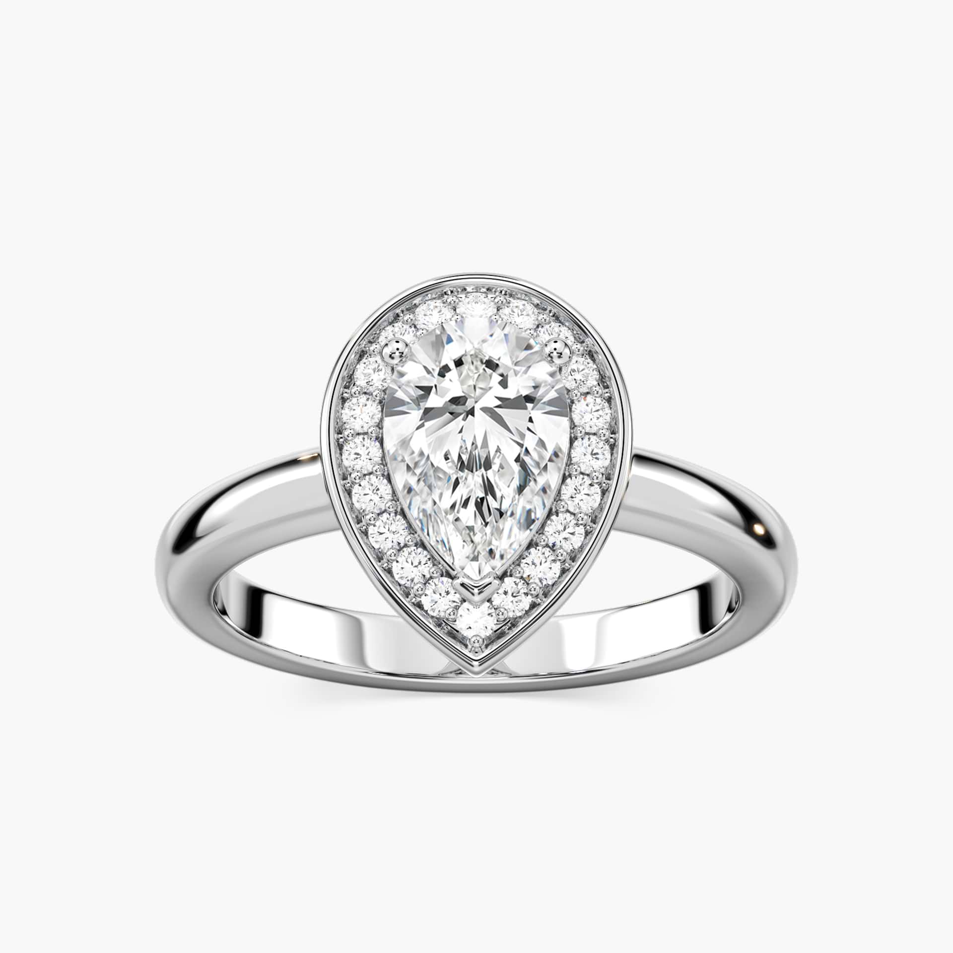 Shown with 1ct Pear Cut Lab Grown Diamond in 14k White Gold|Diamond halo engagement ring with 1ct pear cut lab grown diamond set in 14k white gold
