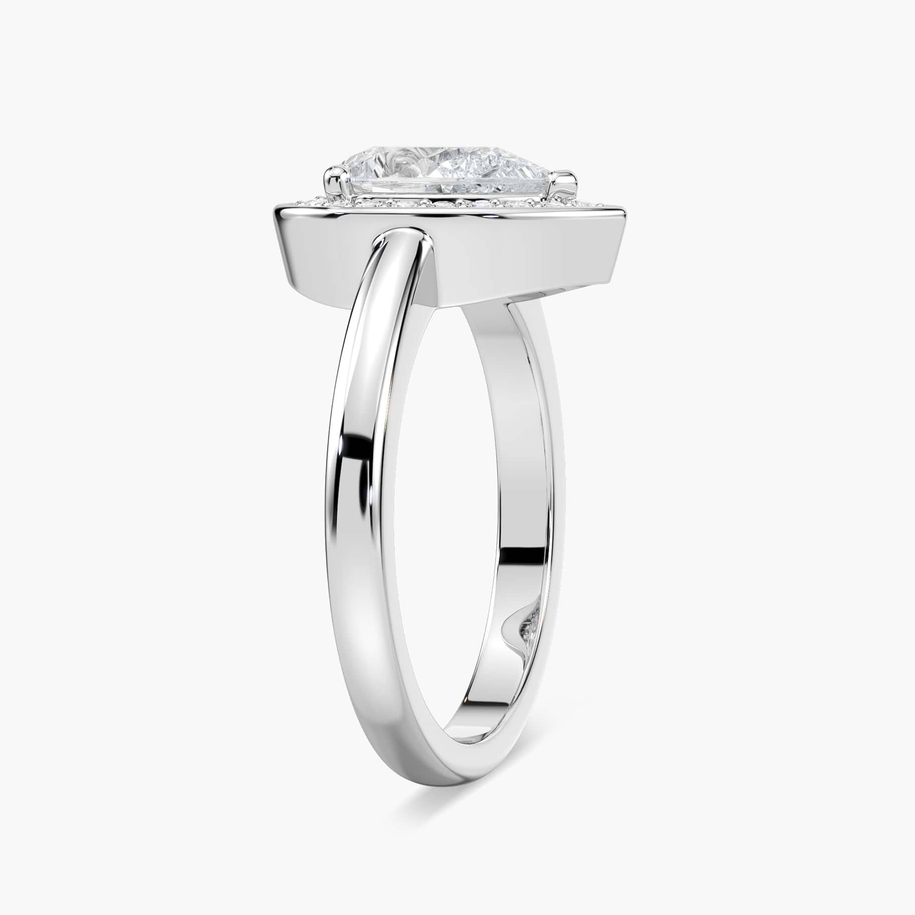 Shown with 1ct Pear Cut Lab Grown Diamond in 14k White Gold|Diamond halo engagement ring with 1ct pear cut lab grown diamond set in 14k white gold
