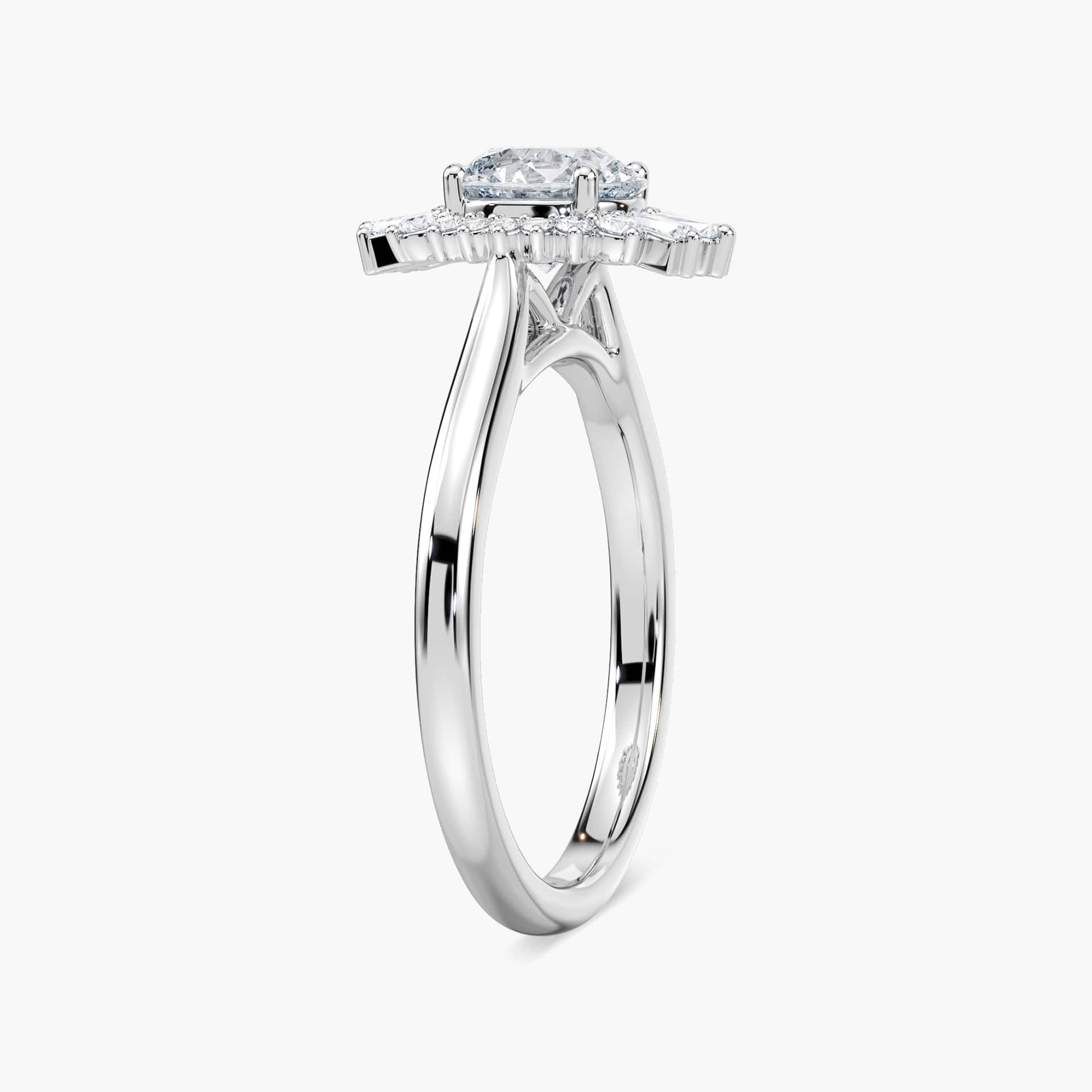 Shown here with a 1.0ct Round Cut Lab Grown Diamond center stone in 14K White Gold|diamond halo engagement ring with lab grown diamonds set on 14k white gold plain metal band
