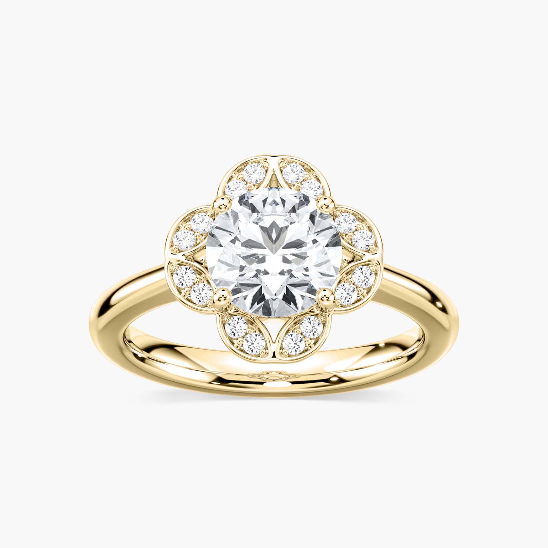 Shown with 1ct round cut lab grown diamond in 14k white gold|Nature inspired vintage style engagement ring with floral petal halo design around a 1ct round cut lab diamond in 14k white gold