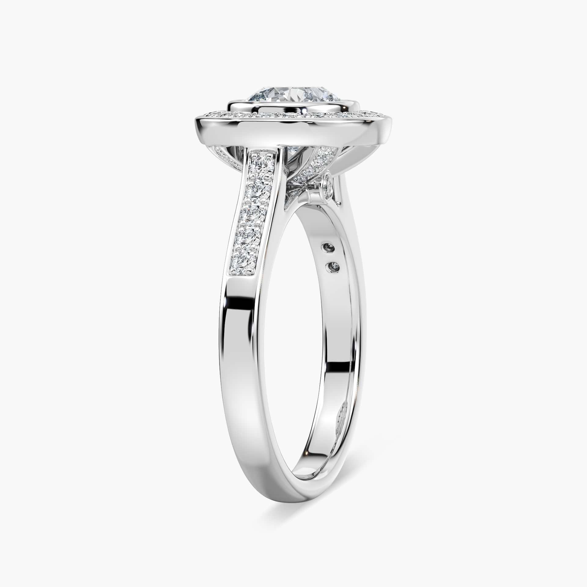 Shown with 1ct Emerald Cut Lab Grown Diamond in 14k White Gold|Antique style diamond accented halo engagement ring inspired by tiffany co legacy ring