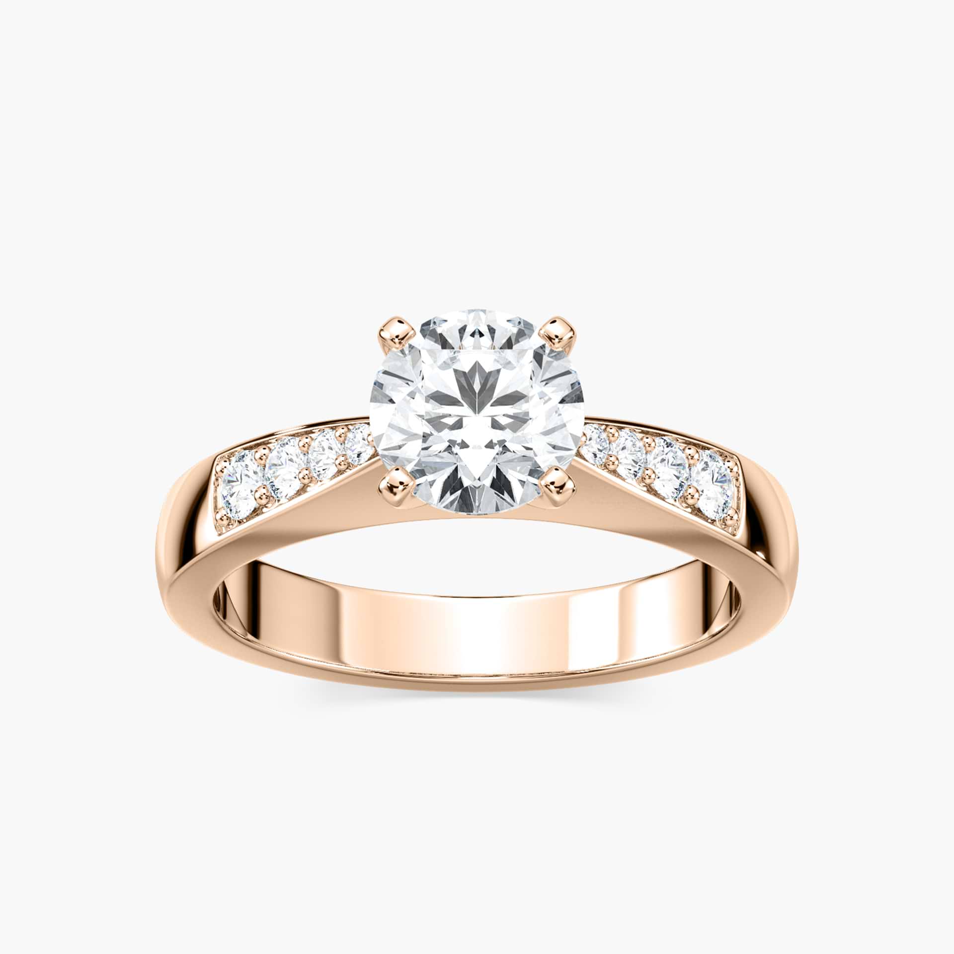 Shown with 1ct Round Cut Lab Grown Diamond in 14k White Gold|Modern style solitaire engagement ring with a 1ct round cut lab grown diamond and channel set accenting diamonds in 14k white gold