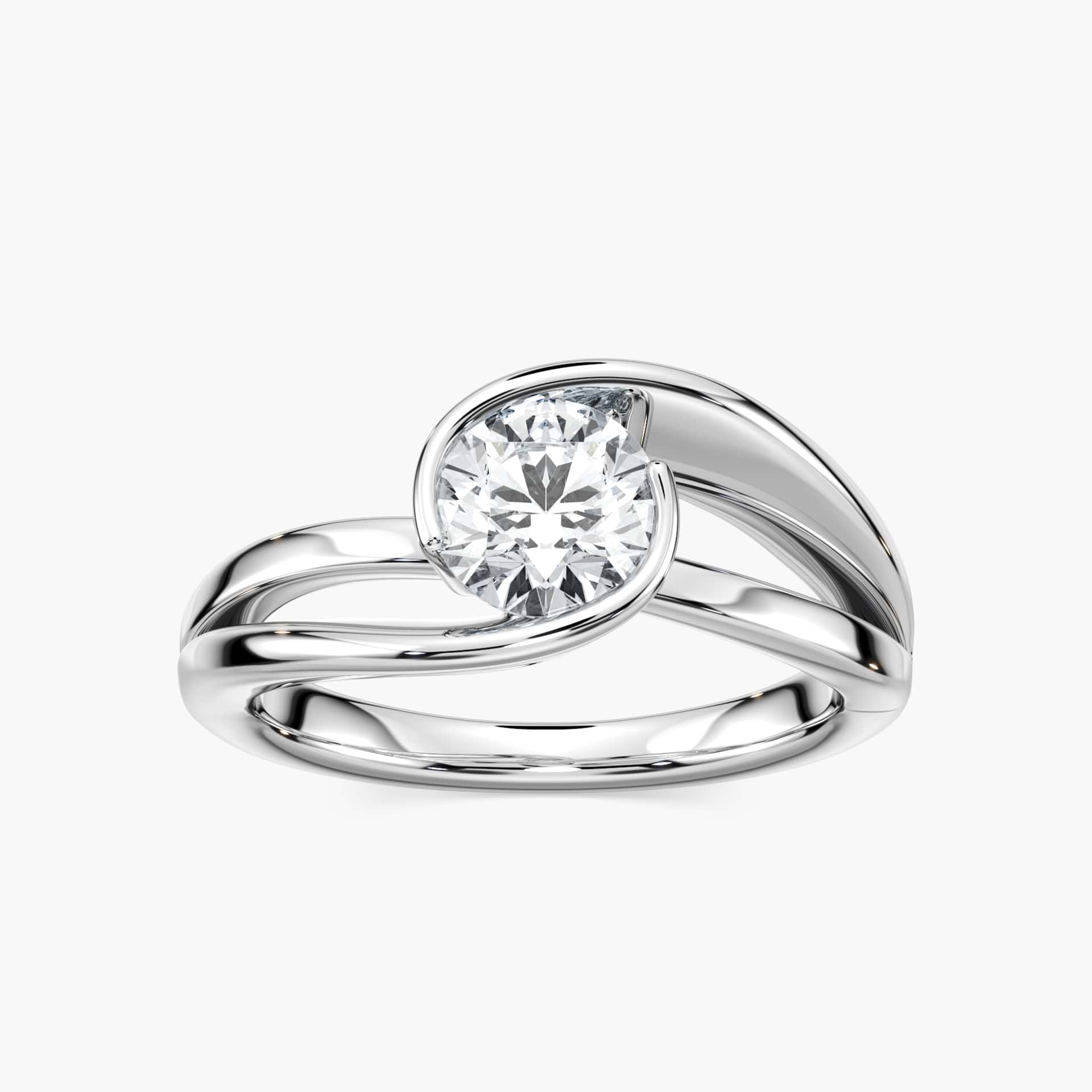 Shown with 1ct Round Cut Lab Grown Diamond in Two Tone 14k White & Yellow Gold|Modern two tone engagement ring with 1ct round cut lab grown diamond in a split shank 14k white gold and 14k yellow gold setting