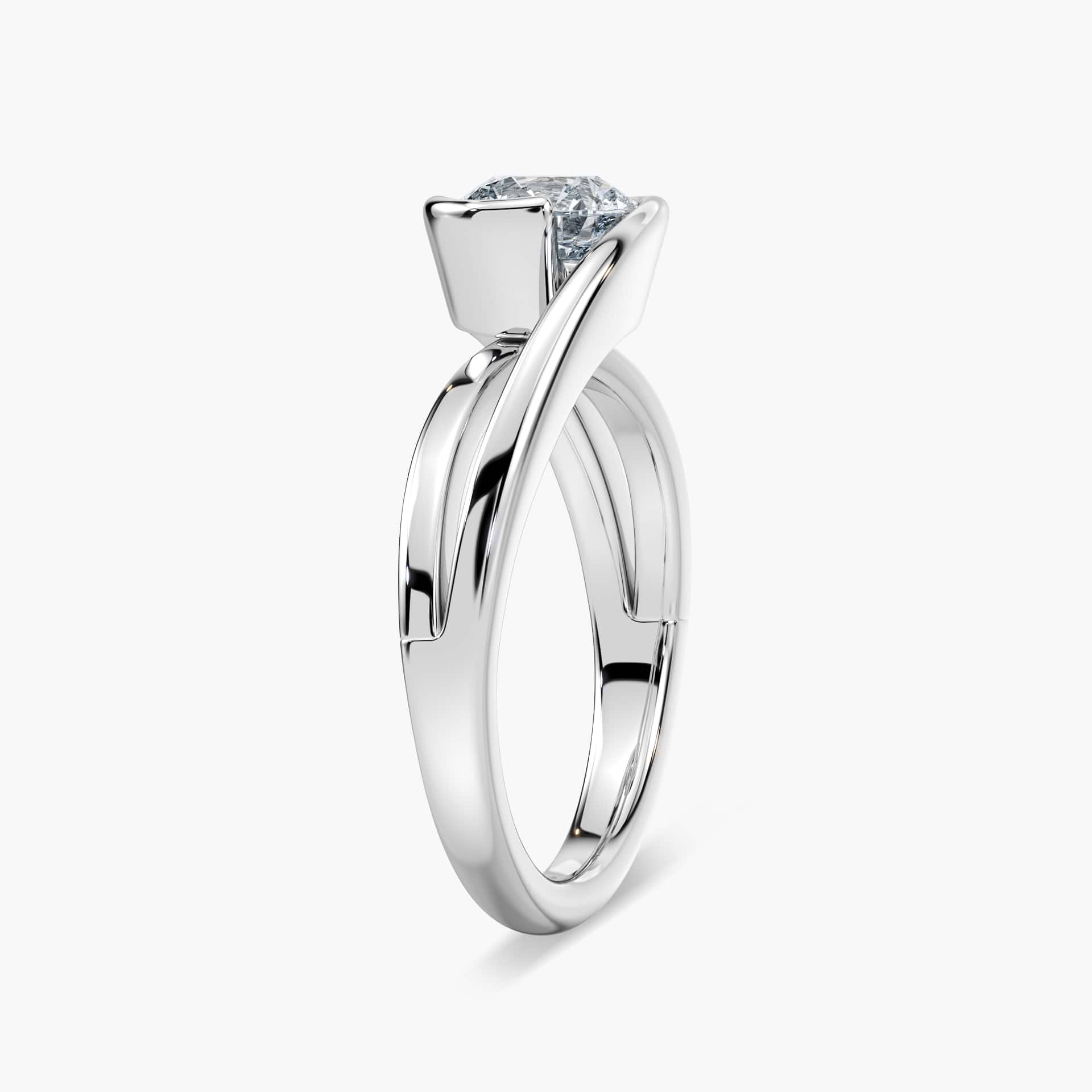 Shown with 1ct Round Cut Lab Grown Diamond in Two Tone 14k White & Yellow Gold|Modern two tone engagement ring with 1ct round cut lab grown diamond in a split shank 14k white gold and 14k yellow gold setting