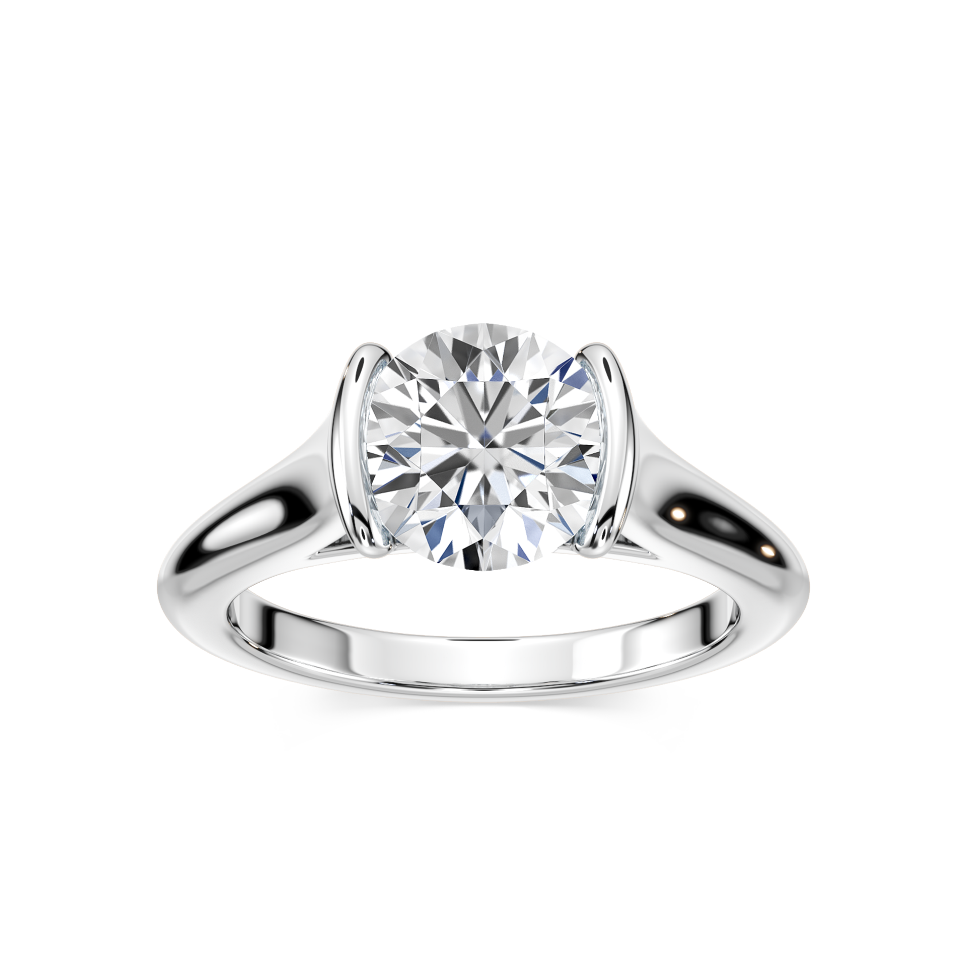 Shown with 1ct Round Cut Lab Grown Diamond in 14k White Gold and 14K Yellow Gold|Unique modern solitaire two tone engagement ring with half bezel set 1ct round cut lab grown diamond above a peek-a-boo diamond in 14k white gold and 14k yellow gold