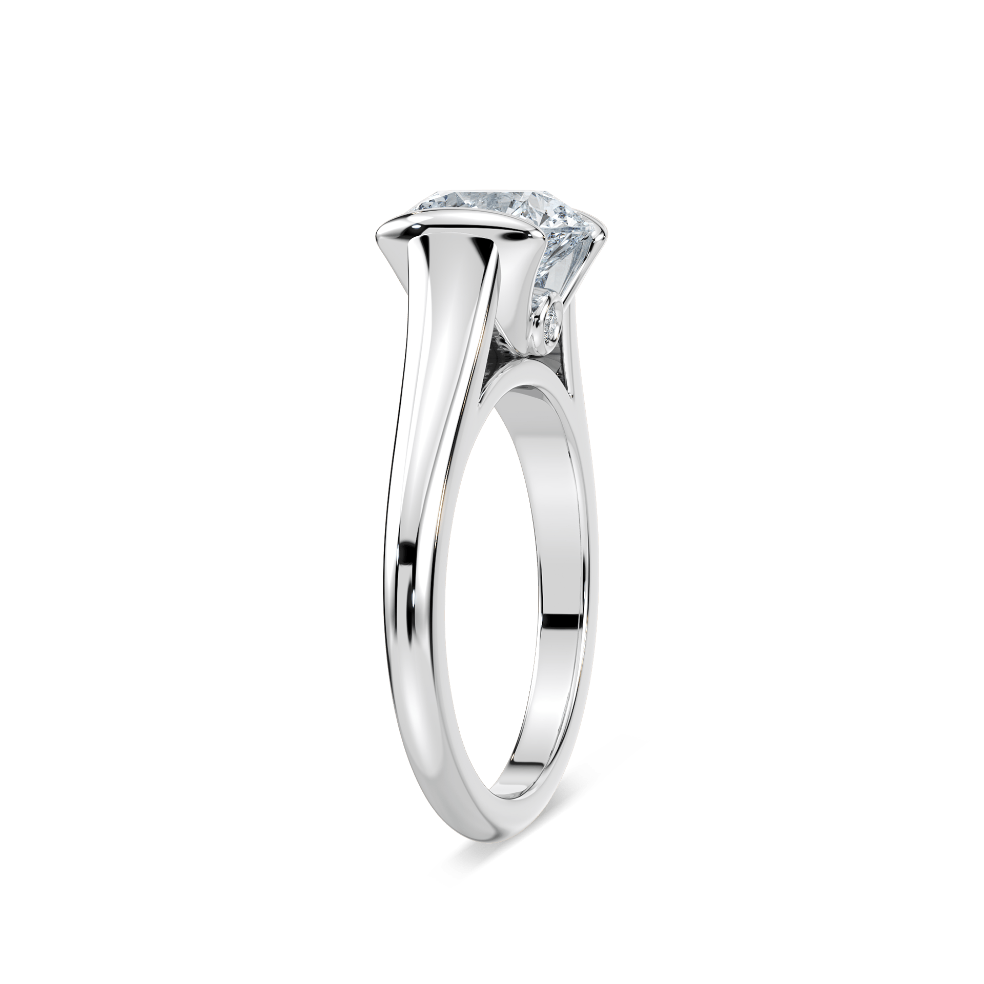 Shown with 1ct Round Cut Lab Grown Diamond in 14k White Gold and 14K Yellow Gold|Unique modern solitaire two tone engagement ring with half bezel set 1ct round cut lab grown diamond above a peek-a-boo diamond in 14k white gold and 14k yellow gold