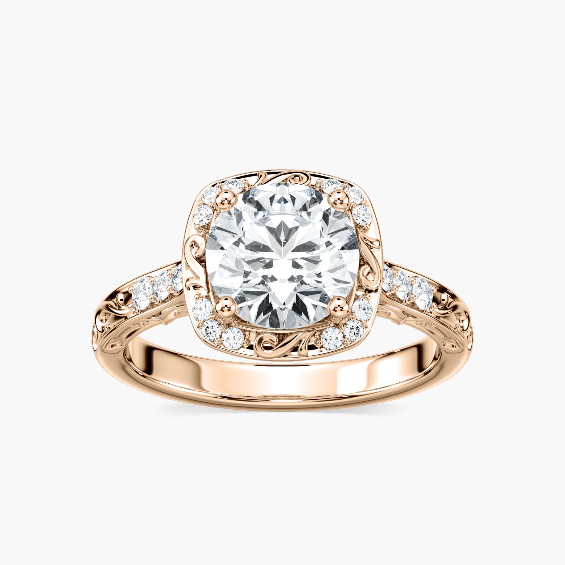 Shown with 1ct Round Cut Lab Grown Diamond in 14k White Gold|Antique style engagement ring with diamond accents and filigree detailing on the halo and band featuring 1ct round cut lab grown diamond in 14k white gold