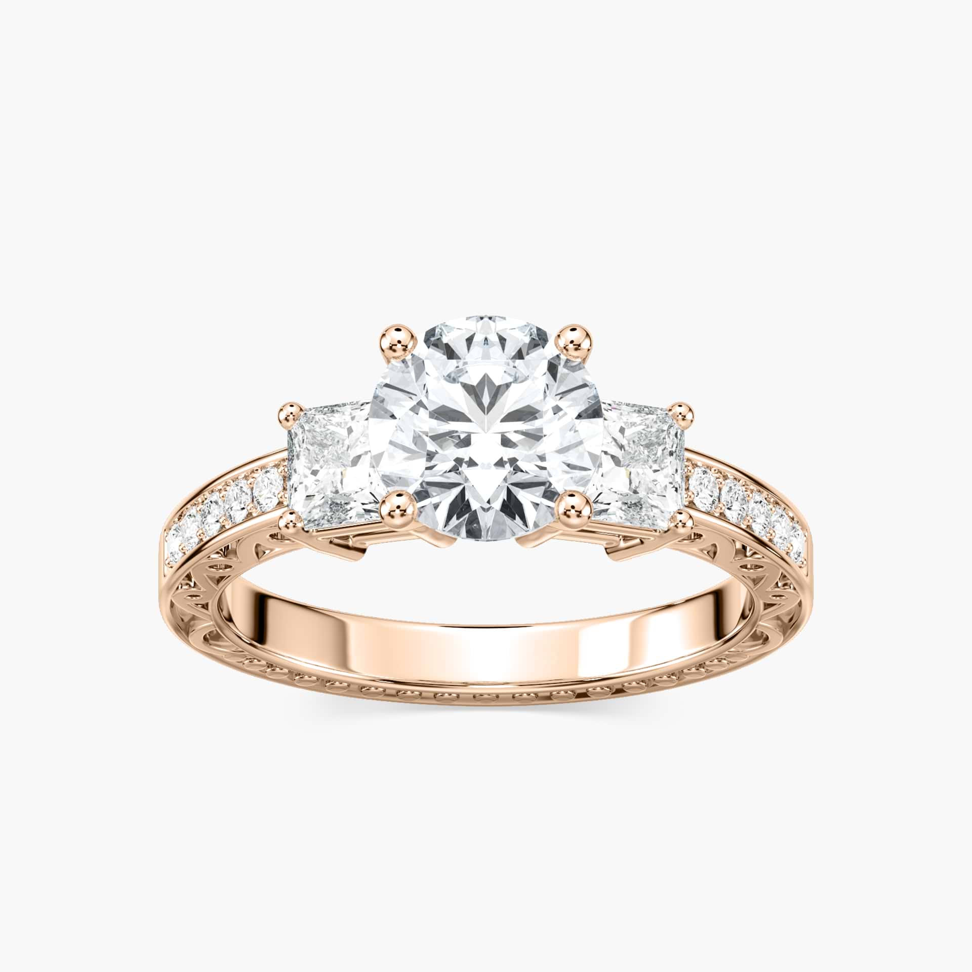 Shown with Three Princess Cut Lab Grown Diamonds Set in 14k White Gold|Vintage style three stone engagement ring with princess cut lab grown diamonds and antique style scroll detailing in 14k white gold