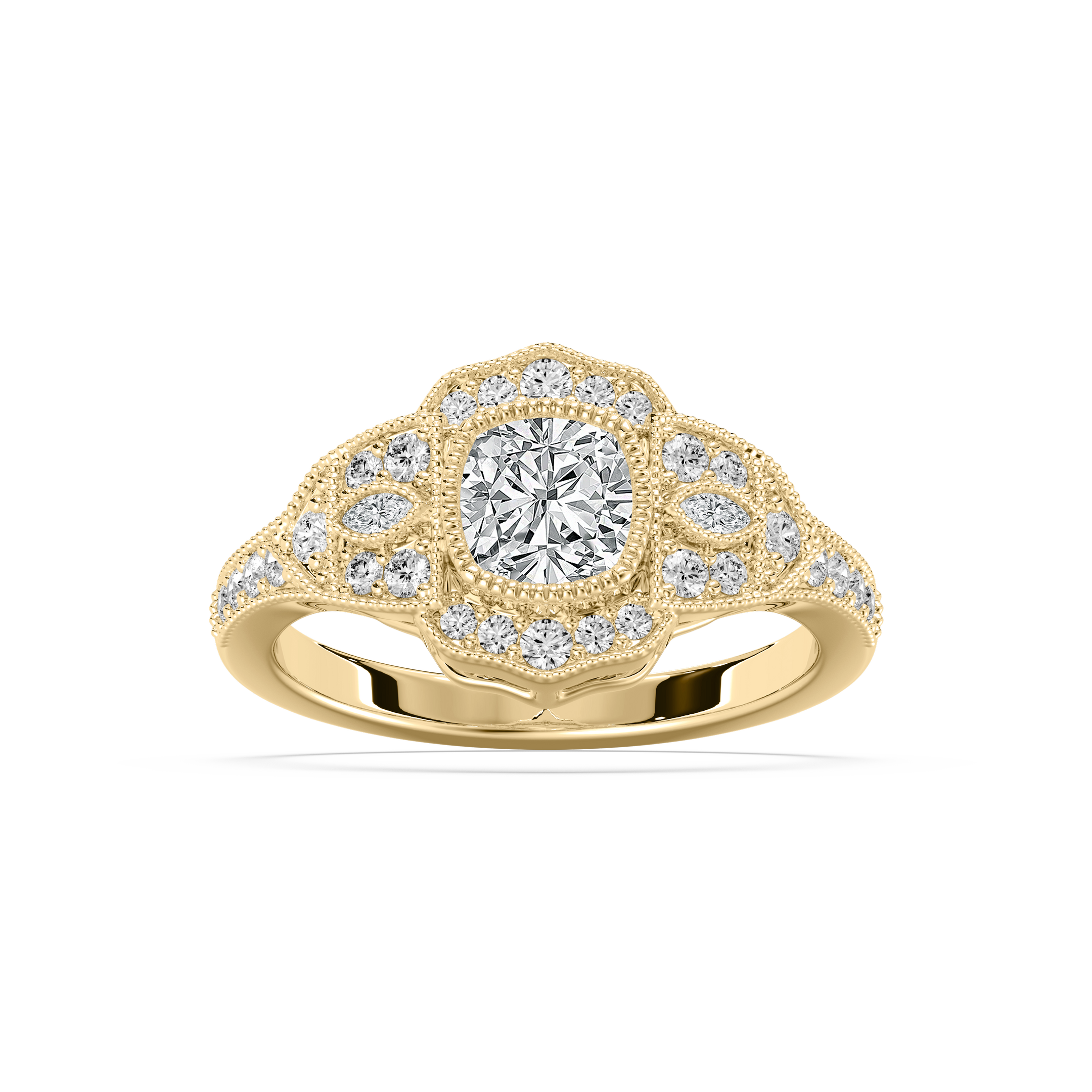 Shown with 1ct Cushion Cut Lab Grown Diamond in 14k White Gold|Unique antique style diamond accented halo engagement ring with 1ct cushion cut lab grown diamond in 14k white gold