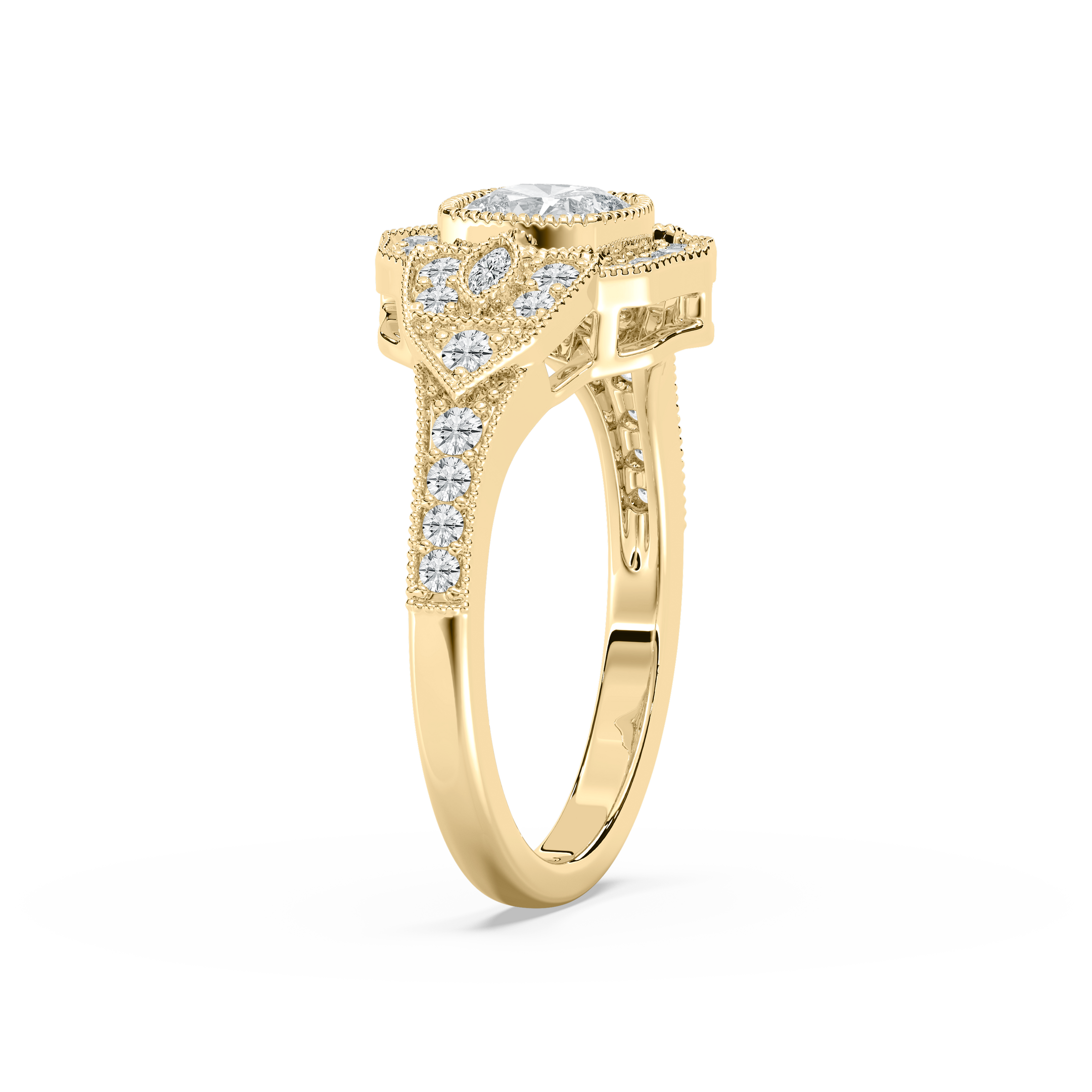 Shown with 1ct Cushion Cut Lab Grown Diamond in 14k White Gold|Unique antique style diamond accented halo engagement ring with 1ct cushion cut lab grown diamond in 14k white gold