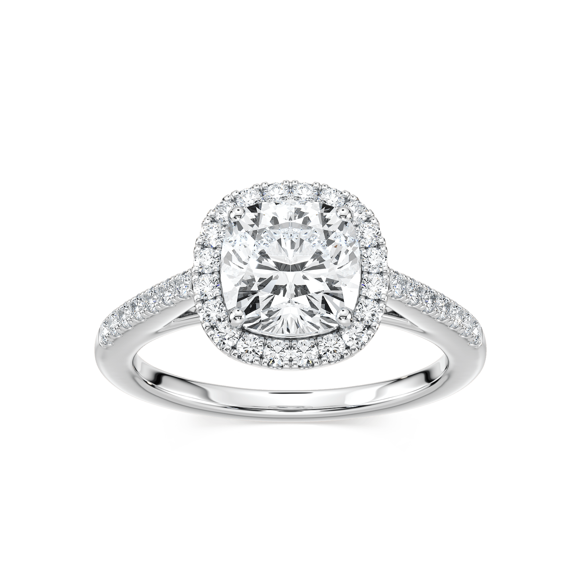 Shown with 1ct Cushion Cut Lab Grown Diamond in 14k White Gold|Vintage style diamond accented cushion shaped halo engagement ring with 1ct lab grown diamond in 14k white gold setting
