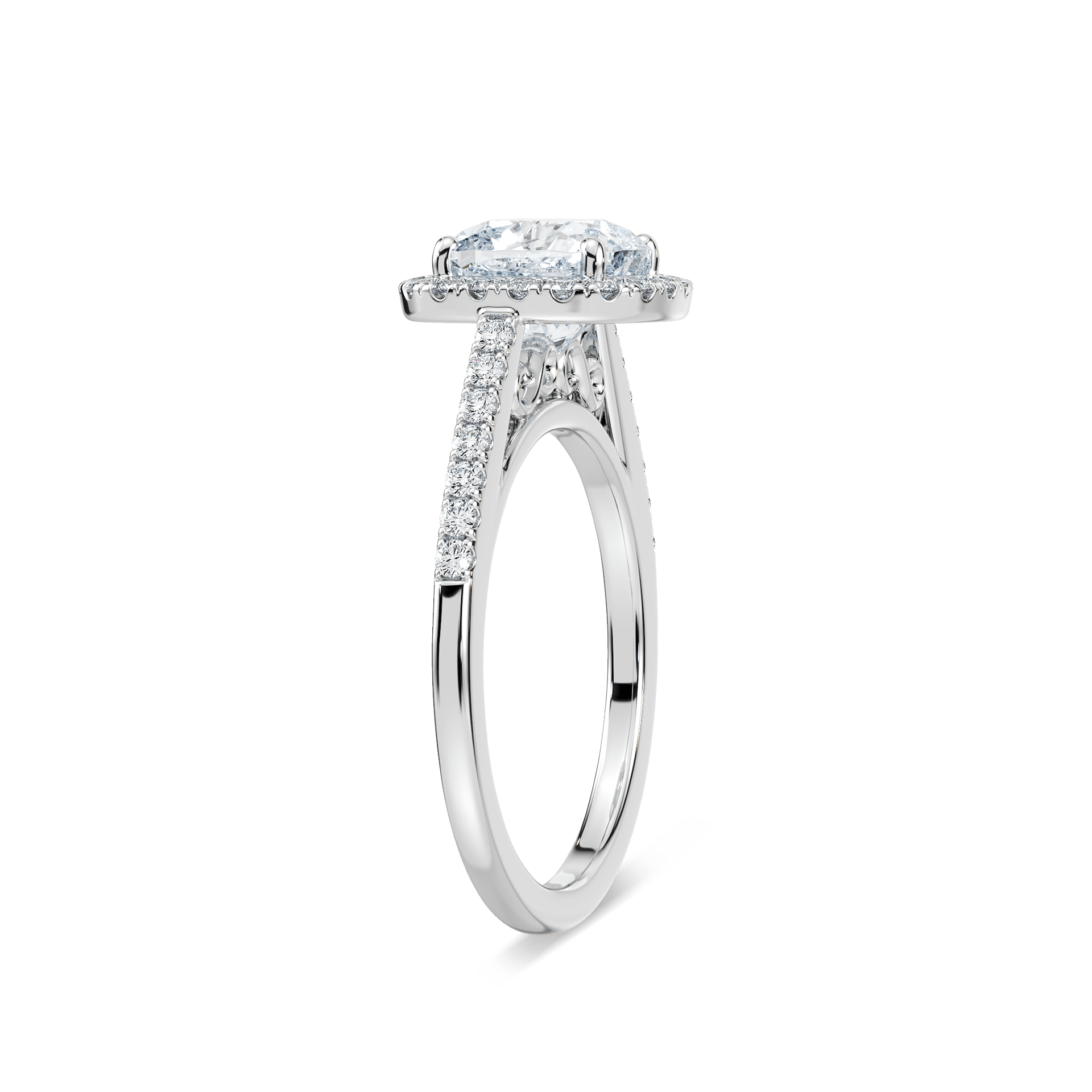 Shown with 1ct Cushion Cut Lab Grown Diamond in 14k White Gold|Vintage style diamond accented cushion shaped halo engagement ring with 1ct lab grown diamond in 14k white gold setting