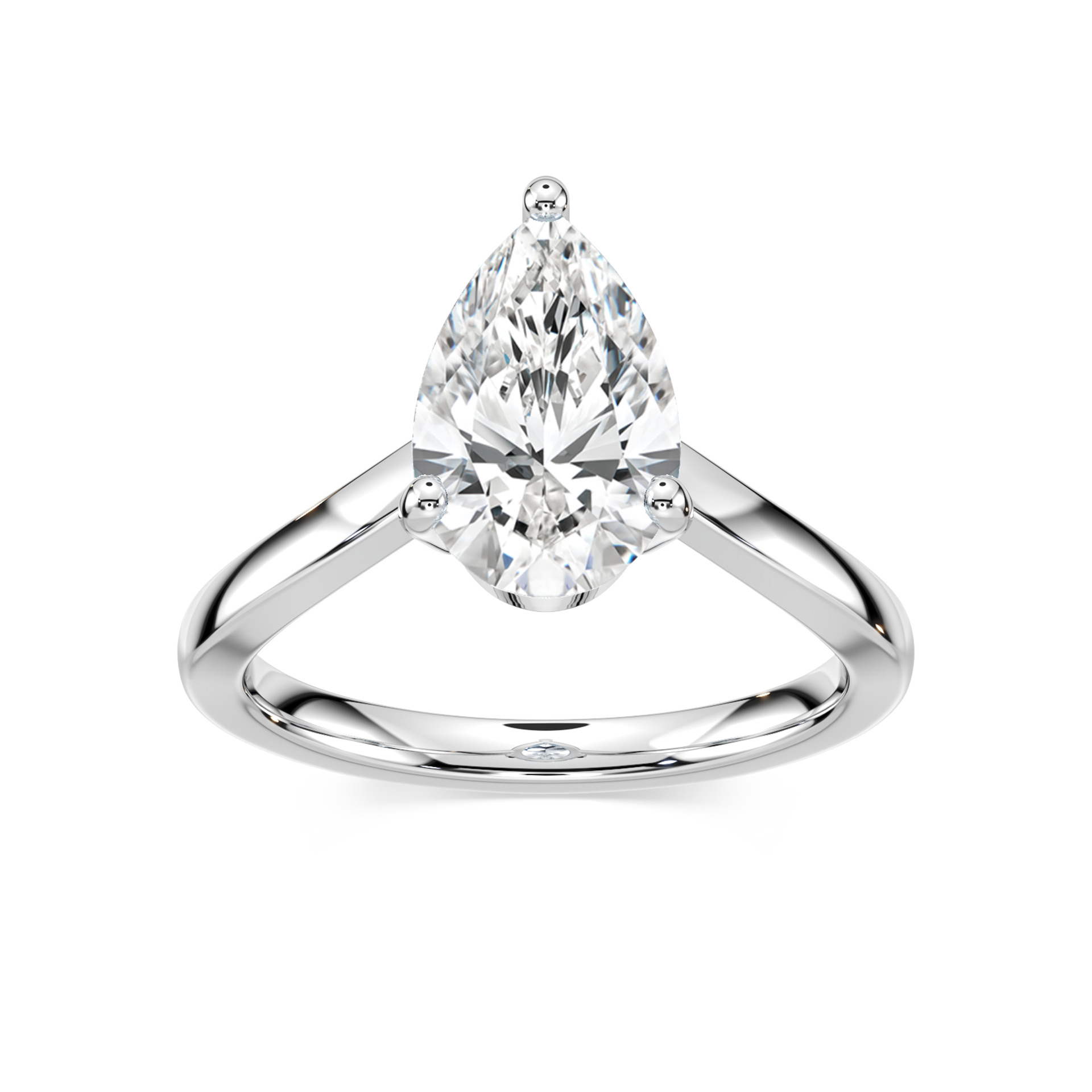 Shown with 1ct Pear Cut Lab Grown Diamond in 14k White Gold|Simple solitaire teardrop engagement ring with 1ct pear cut lab grown diamond in 14k white gold setting