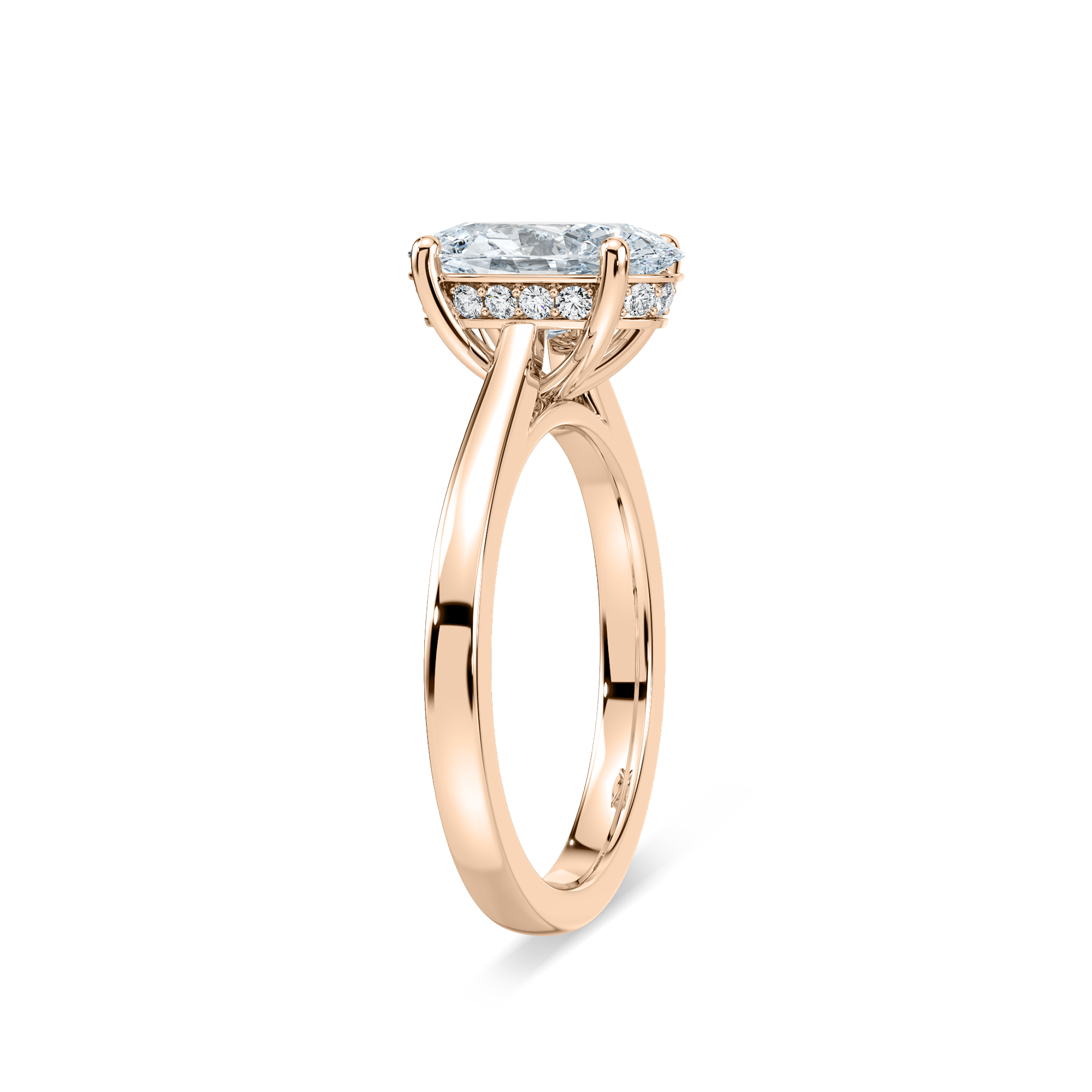 Shown with 2ct Oval Cut Lab Grown Diamond in 14k Yellow Gold and 14K White Gold|Two tone hidden halo engagement ring with 2ct oval cut lab grown diamond in 14k yellow gold and 14k white gold