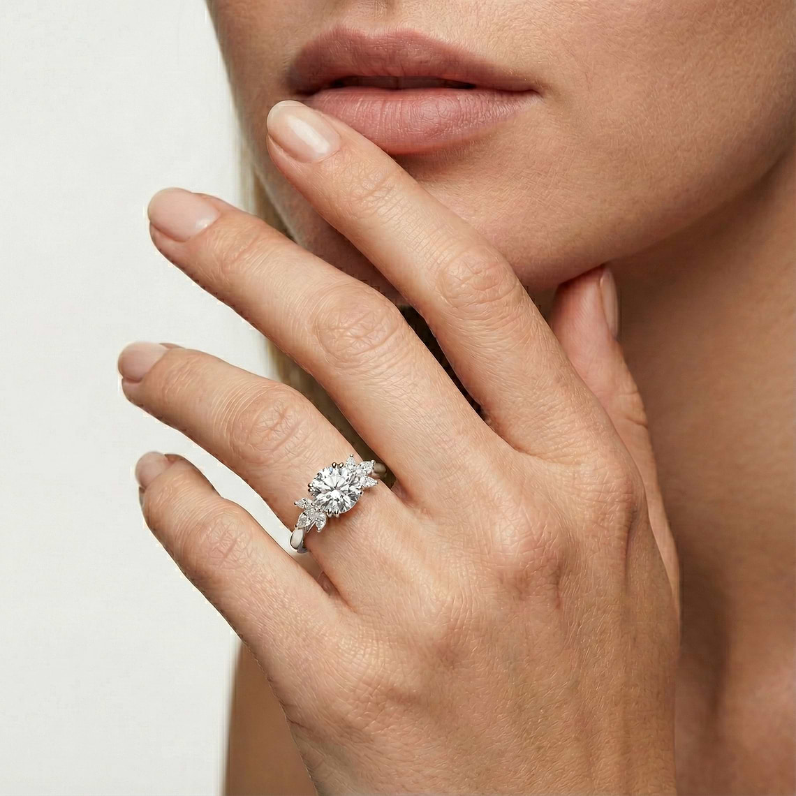 Saffron Lab Grown Diamond Flower Side Stone Engagement Ring - MiaDonna