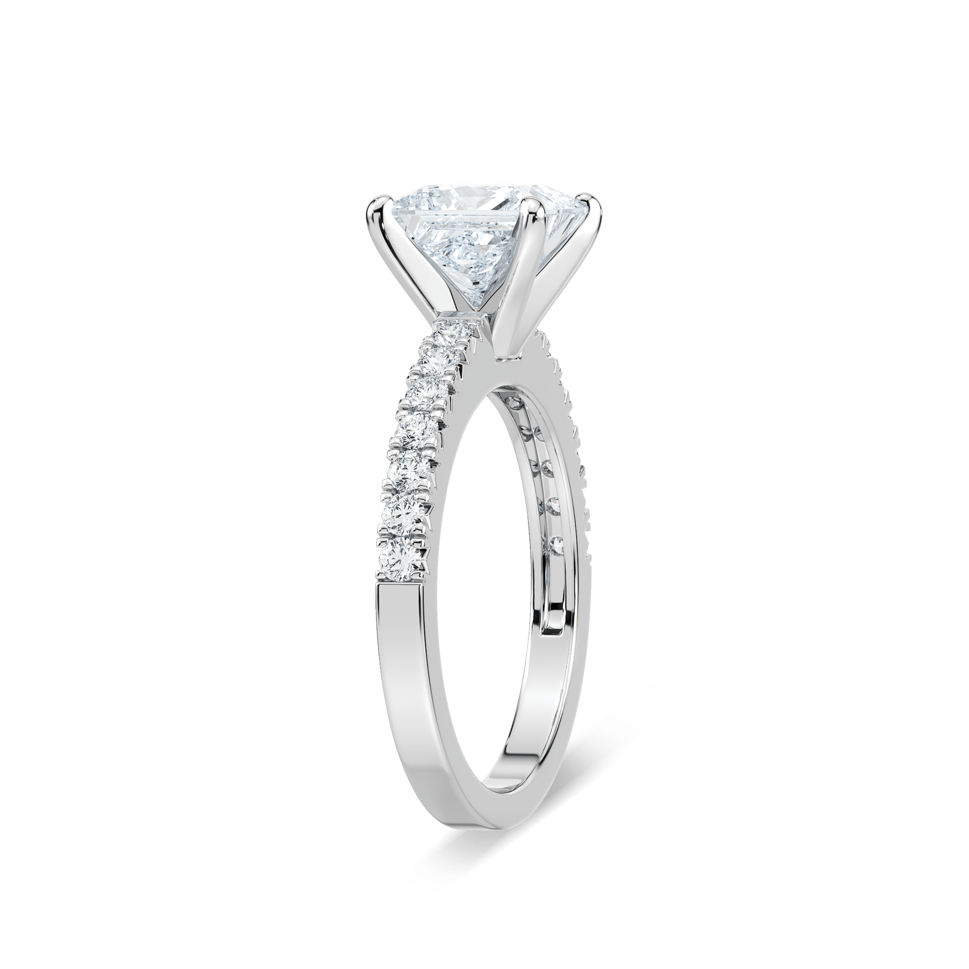 Shown with 1ct Round Cut Lab Grown Diamond in Platinum|Affordable pave set diamond accented engagement ring with 1ct round cut lab grown diamond in platinum setting