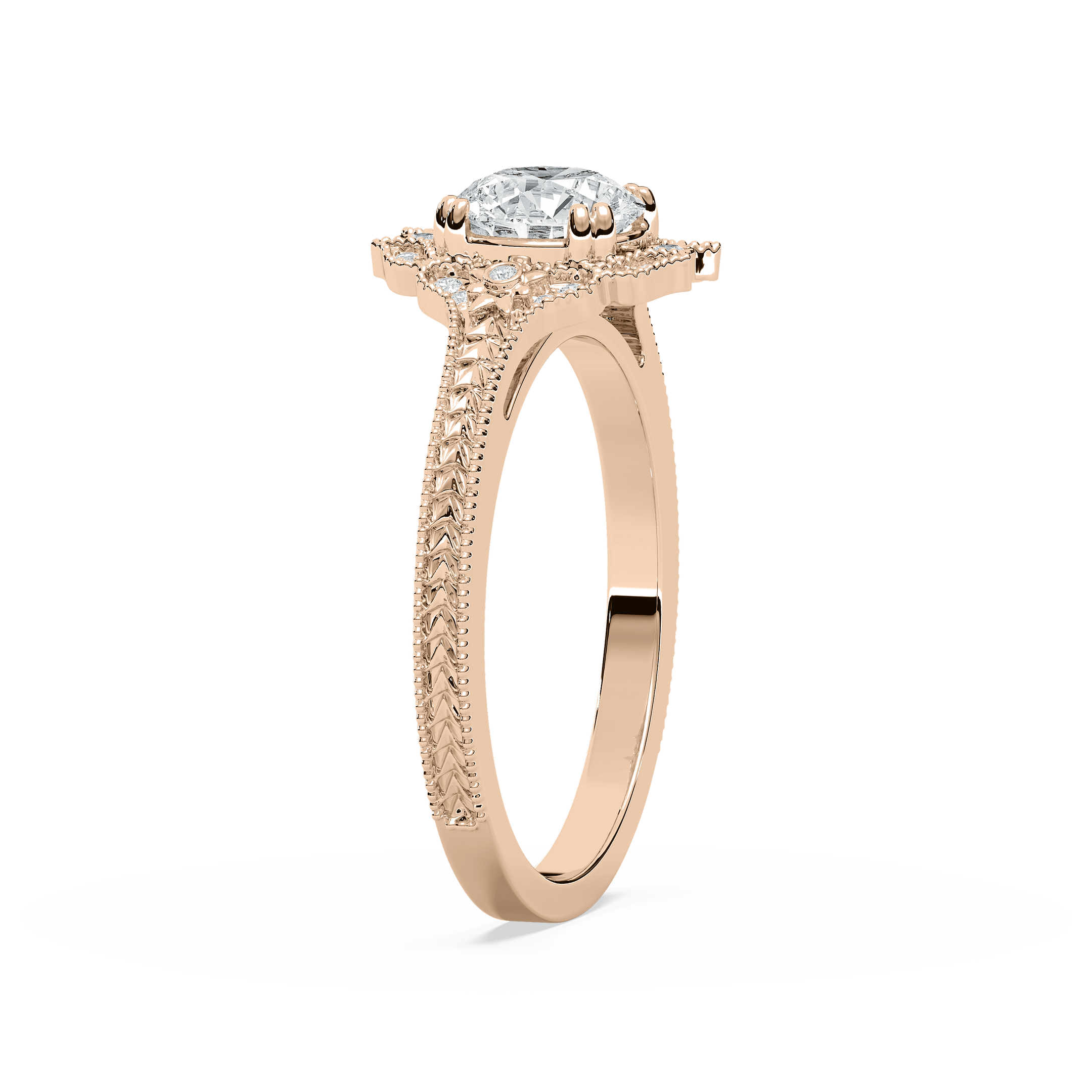 Shown here with a 1.0ct Round Cut Lab Grown Diamond center stone in 14K White Gold|diamond halo engagement ring with chevron detailed band set with a round cut lab grown diamond center stone in 14k white gold recycled metal