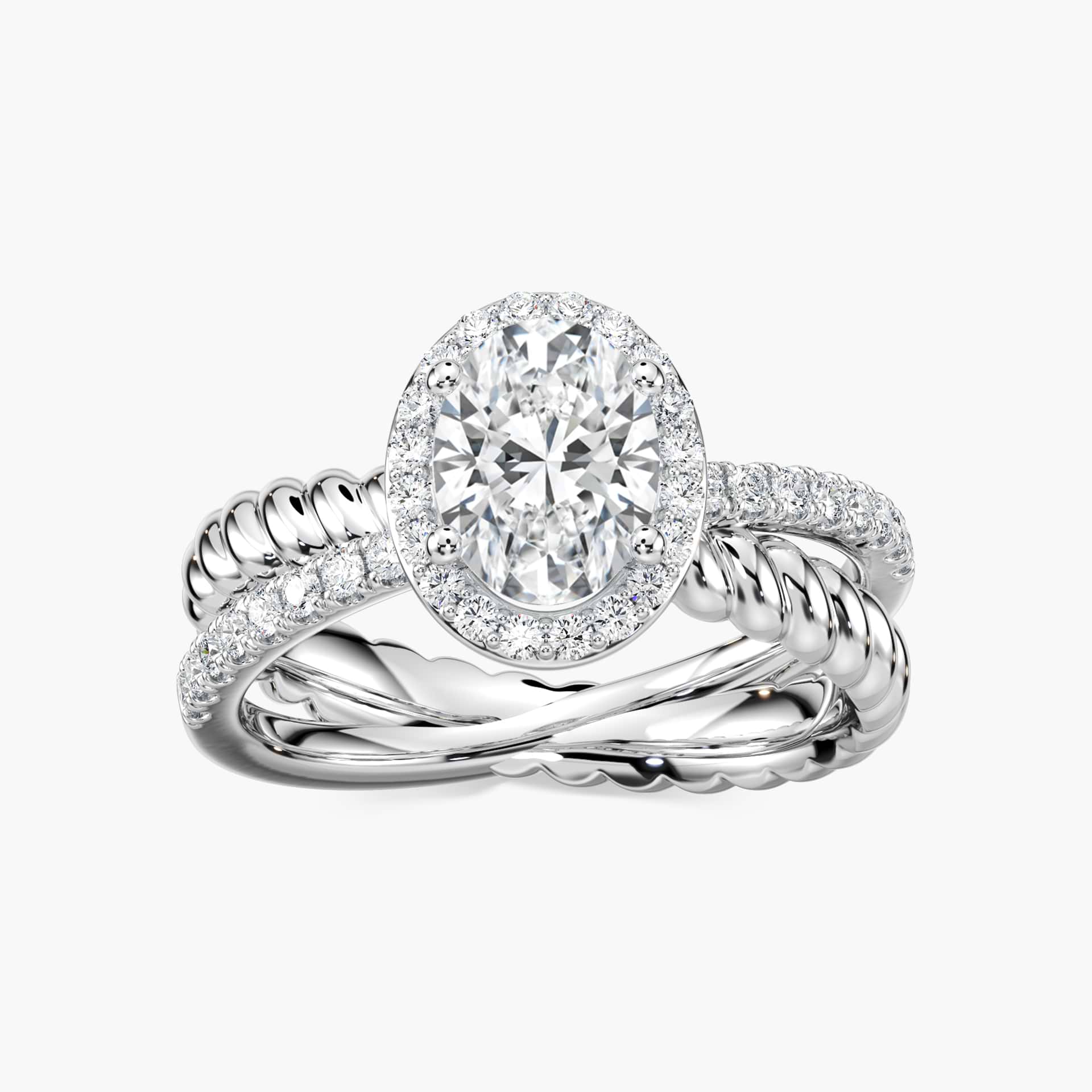 Shown with 1.25ct Oval Cut Lab Grown Diamond in 14k White Gold|Unique ethical two tone diamond accented halo engagement ring with 1.25ct oval cut lab grown diamond in 14k white gold setting