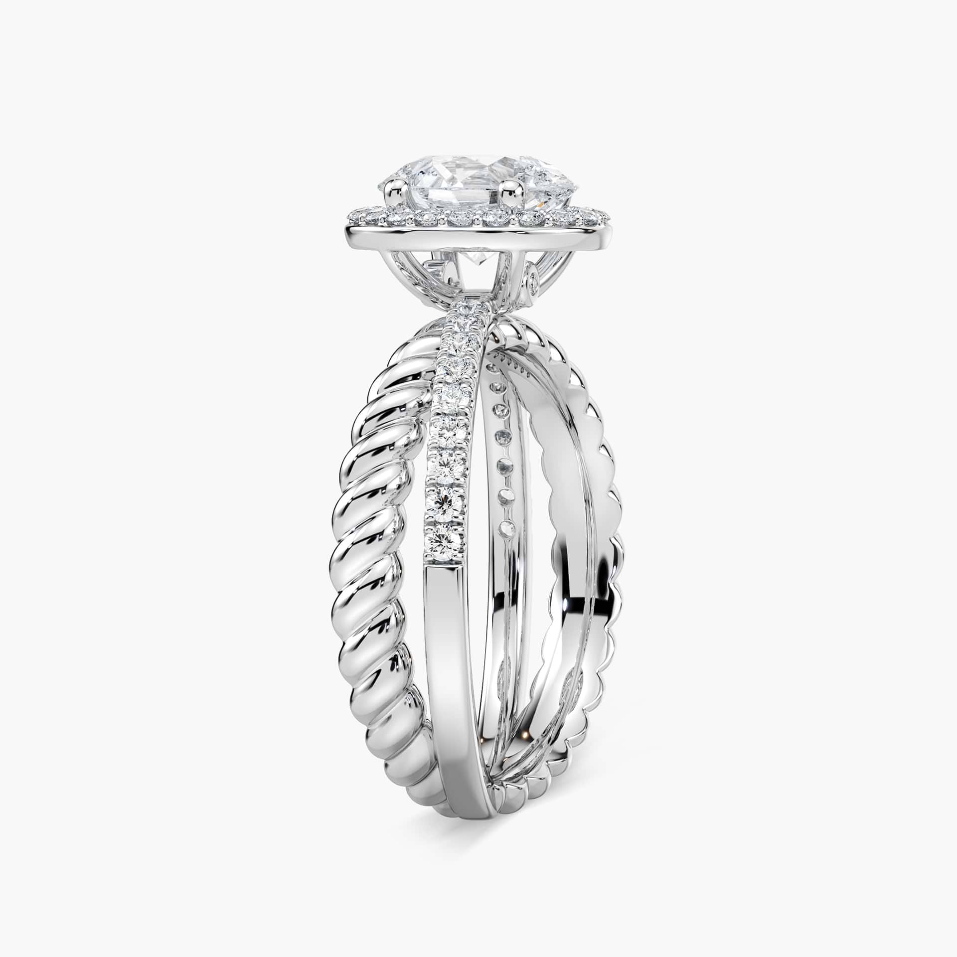 Shown with 1.25ct Oval Cut Lab Grown Diamond in 14k White Gold|Unique ethical two tone diamond accented halo engagement ring with 1.25ct oval cut lab grown diamond in 14k white gold setting