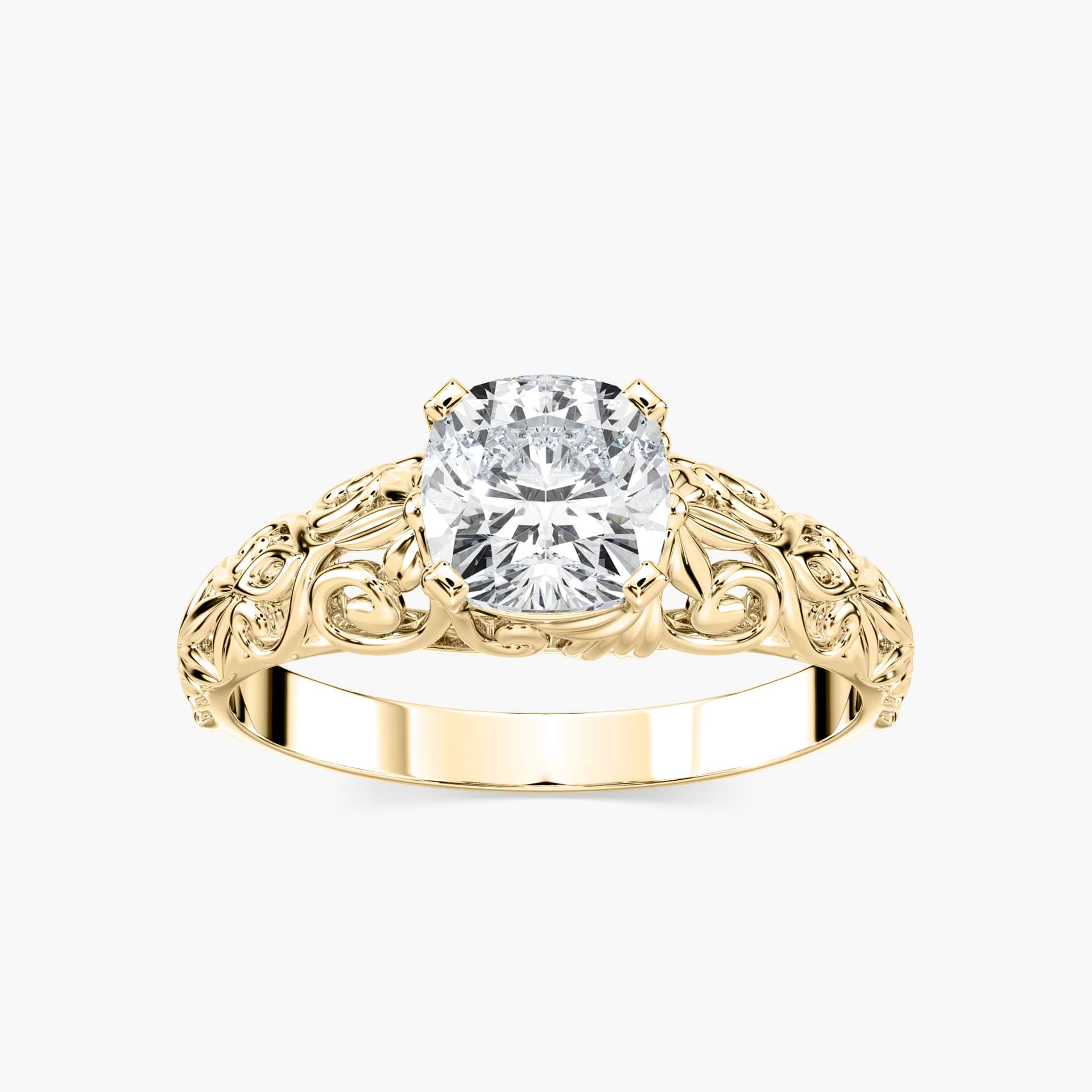 Shown with 1ct Cushion Cut Lab Grown Diamond in 14k White Gold|Vintage style nature inspired engagement ring with 1ct cushion cut lab grown diamond in detailed 14k white gold setting