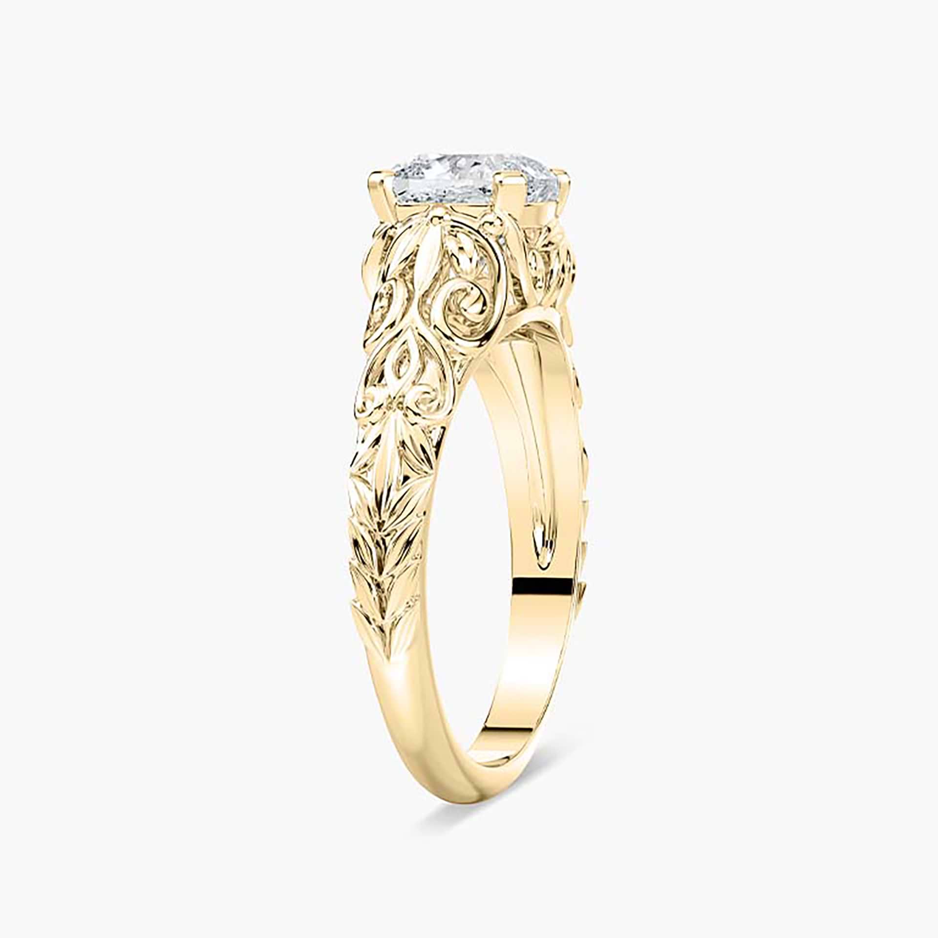 Shown with 1ct Cushion Cut Lab Grown Diamond in 14k White Gold|Vintage style nature inspired engagement ring with 1ct cushion cut lab grown diamond in detailed 14k white gold setting