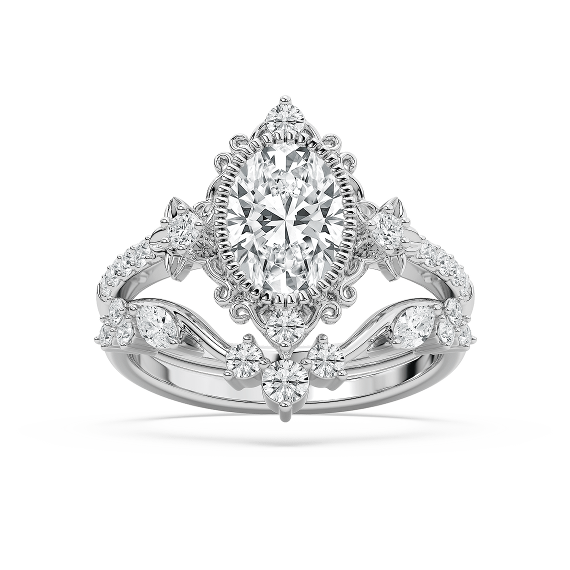 Analeah 2 ctw Oval Lab Grown Diamond Vintage Filagree Wedding Set